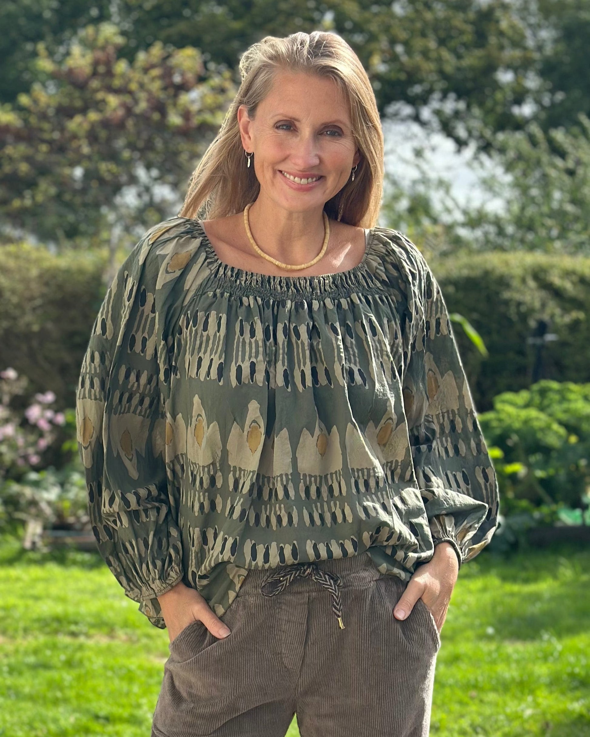 Clothing Cotton Patterned Blouse - Khaki