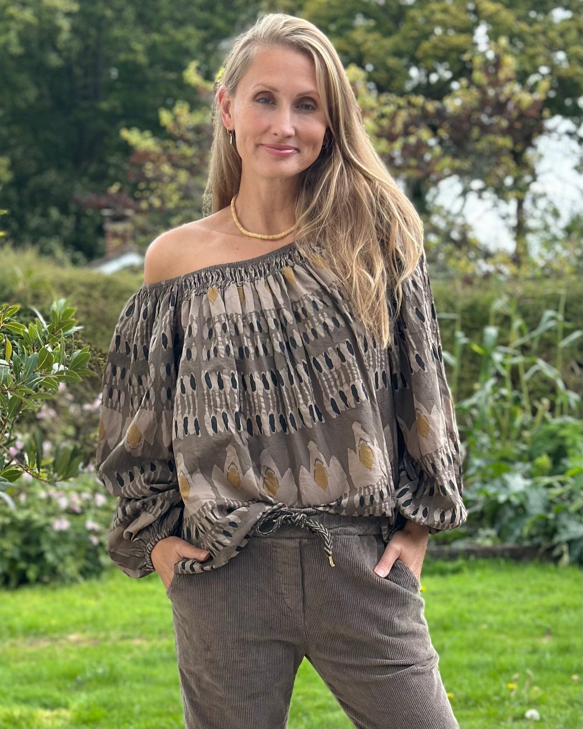 Clothing Cotton Patterned Blouse - Mocha