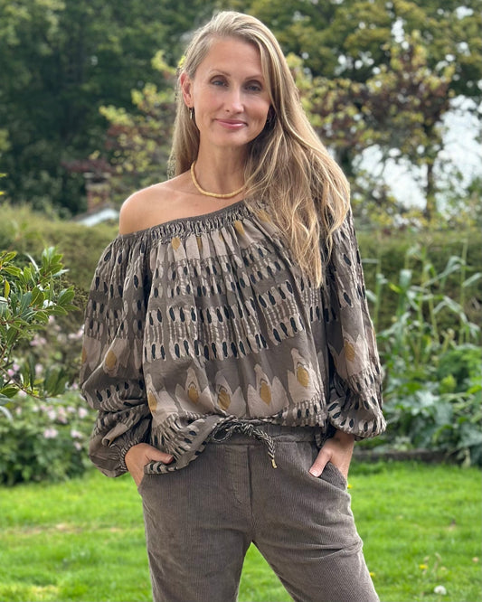 Clothing Cotton Patterned Blouse - Mocha