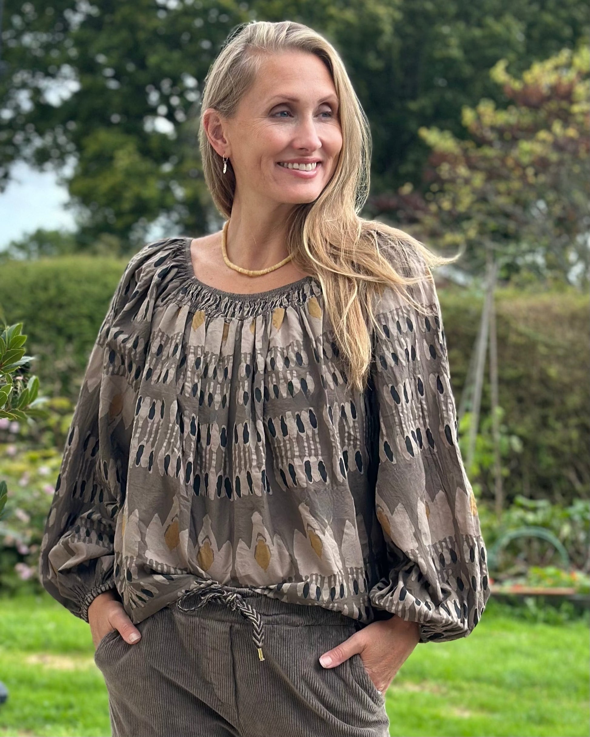 Clothing Cotton Patterned Blouse - Mocha