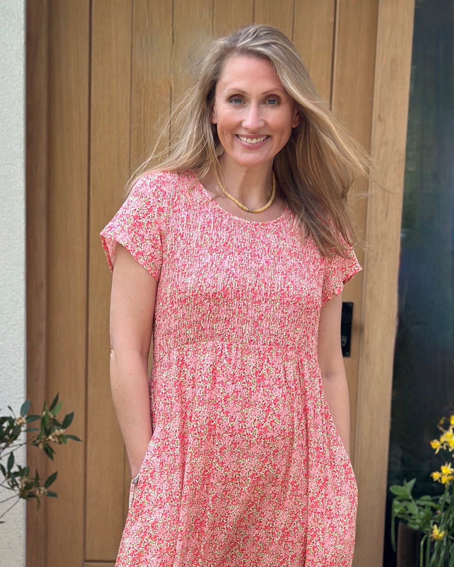 Clothing Ditsy Floral Short Sleeve Shirring Dress - Coral