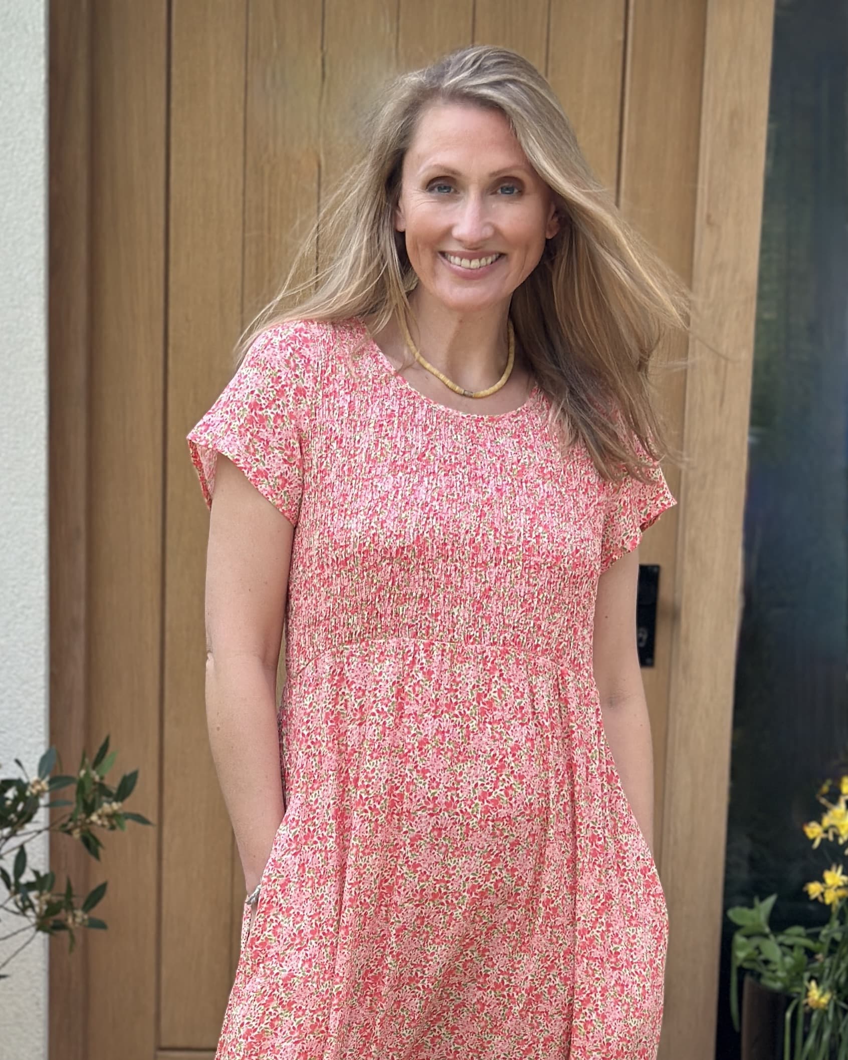 Clothing Ditsy Floral Short Sleeve Shirring Dress - Coral