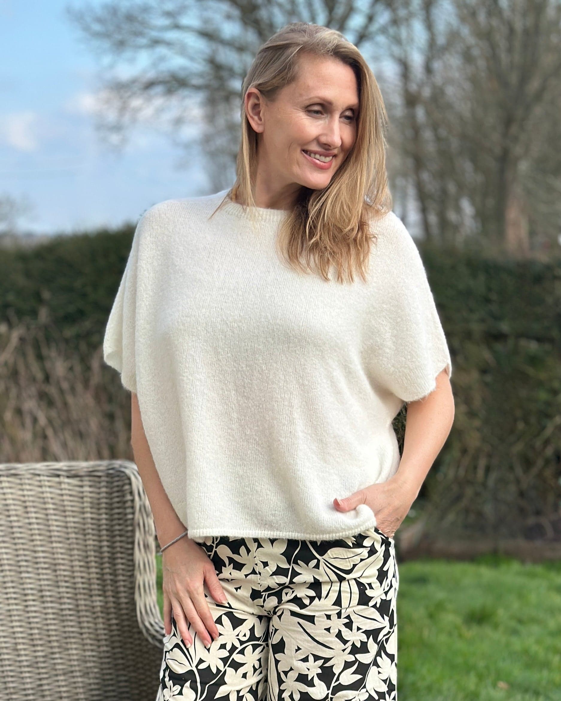 clothing Drop Shoulder Round Neck Alpaca Top - Cream