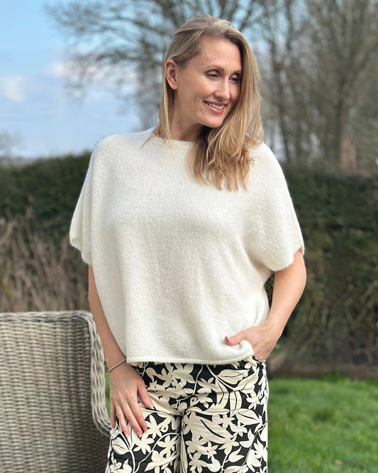 clothing Drop Shoulder Round Neck Alpaca Top - Cream