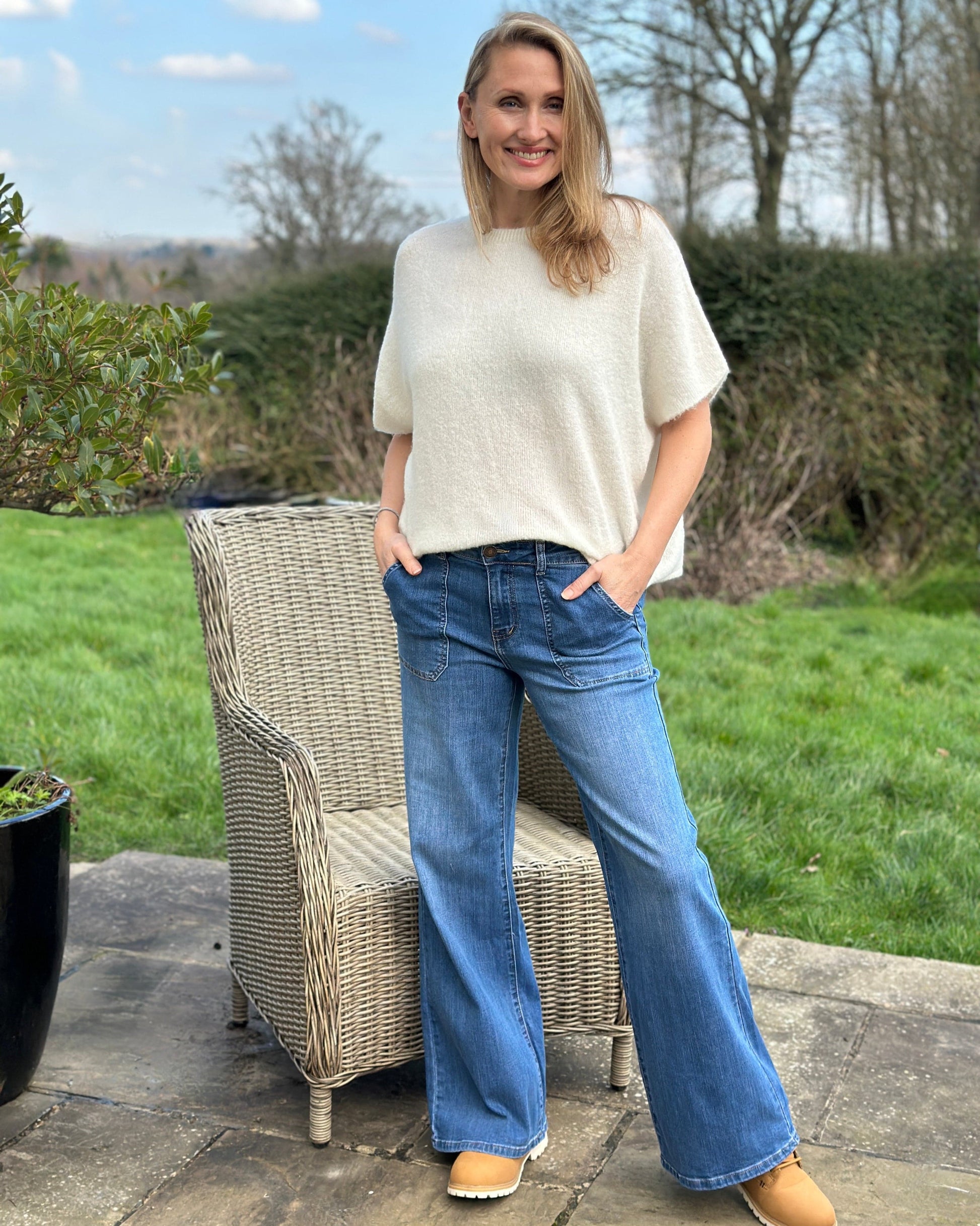 clothing Drop Shoulder Round Neck Alpaca Top - Cream