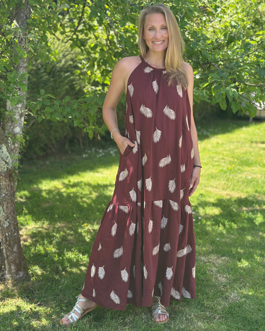 Clothing Embroidered Leaf Halterneck Maxi Dress - Burgundy