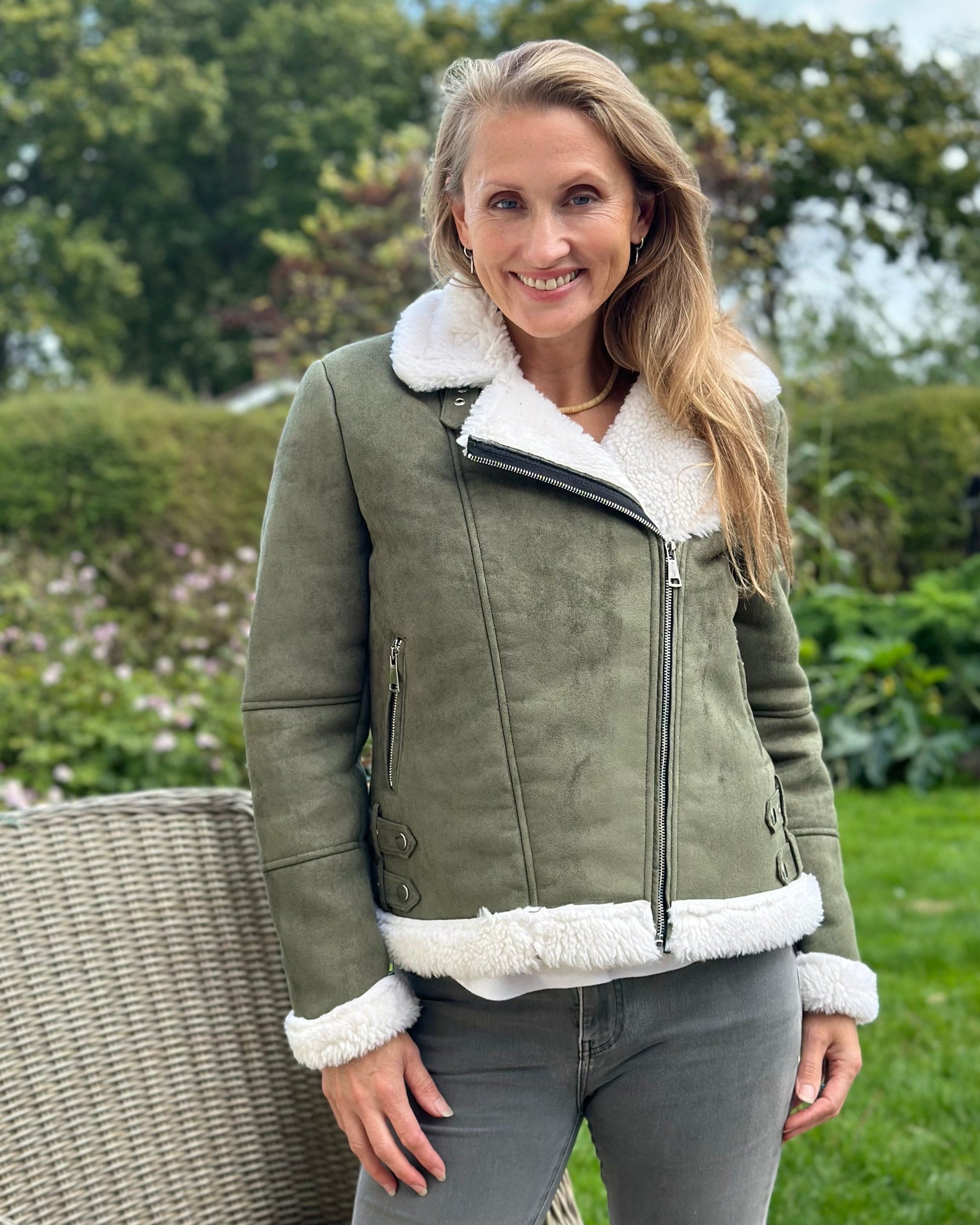 Clothing Faux Suede And Shearling Biker Jacket - Khaki