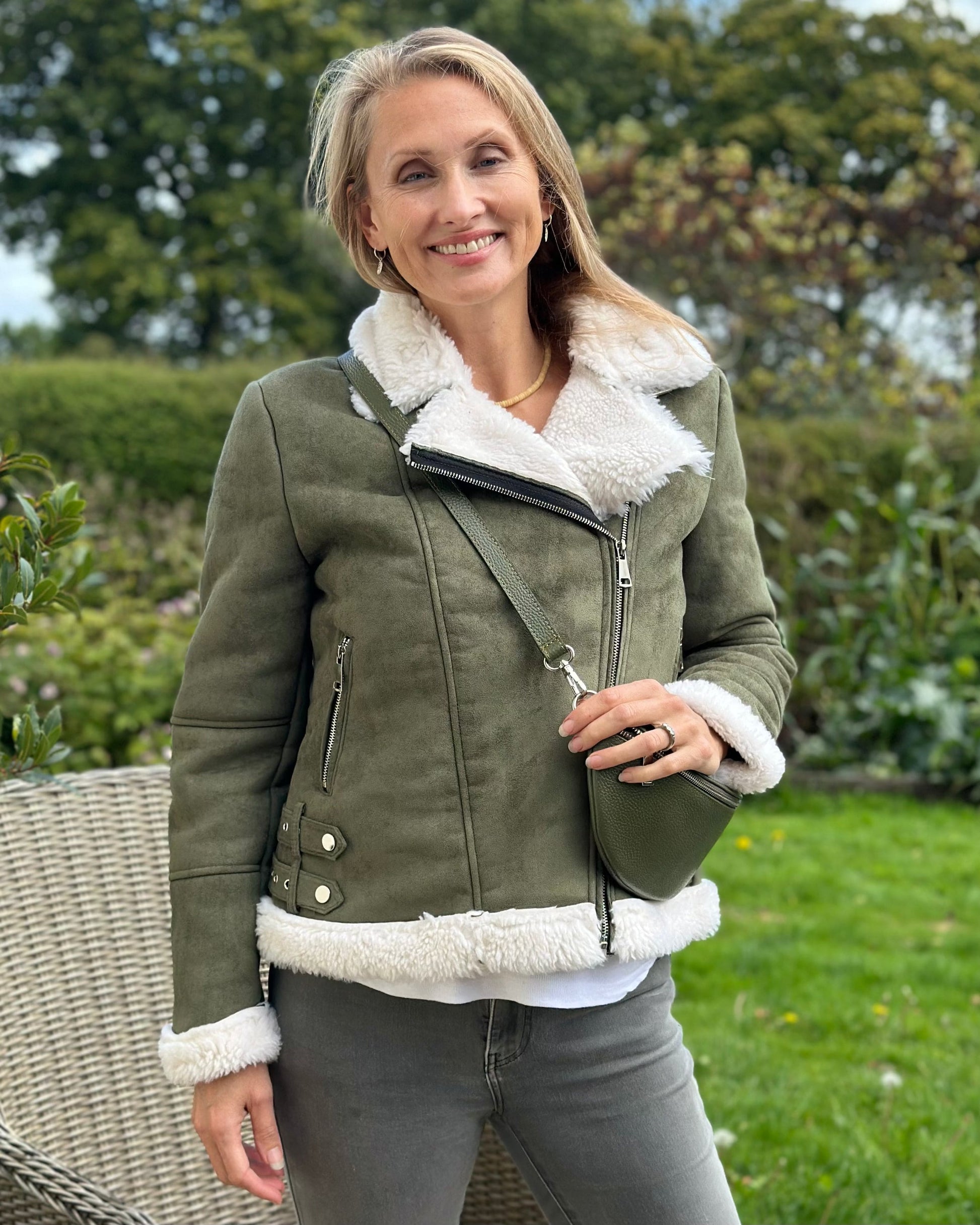 Clothing Faux Suede And Shearling Biker Jacket - Khaki