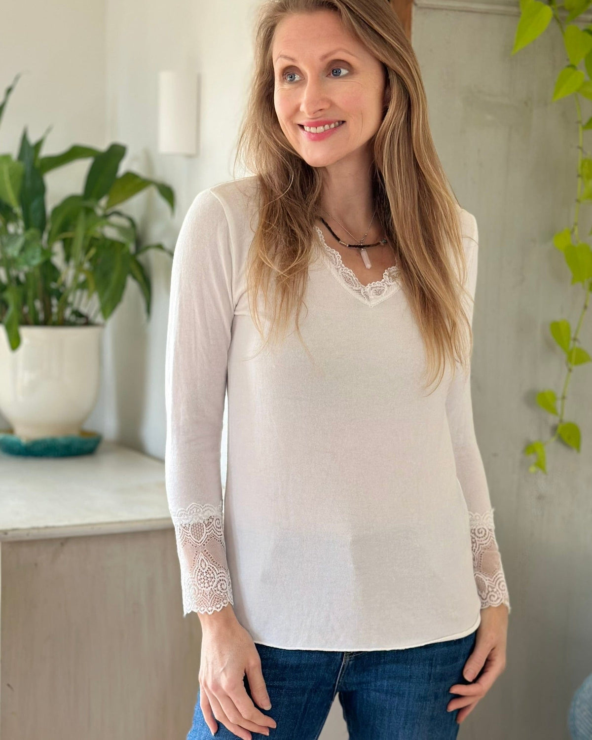 clothing Fine Knit Lace Detail Jumper - Cream