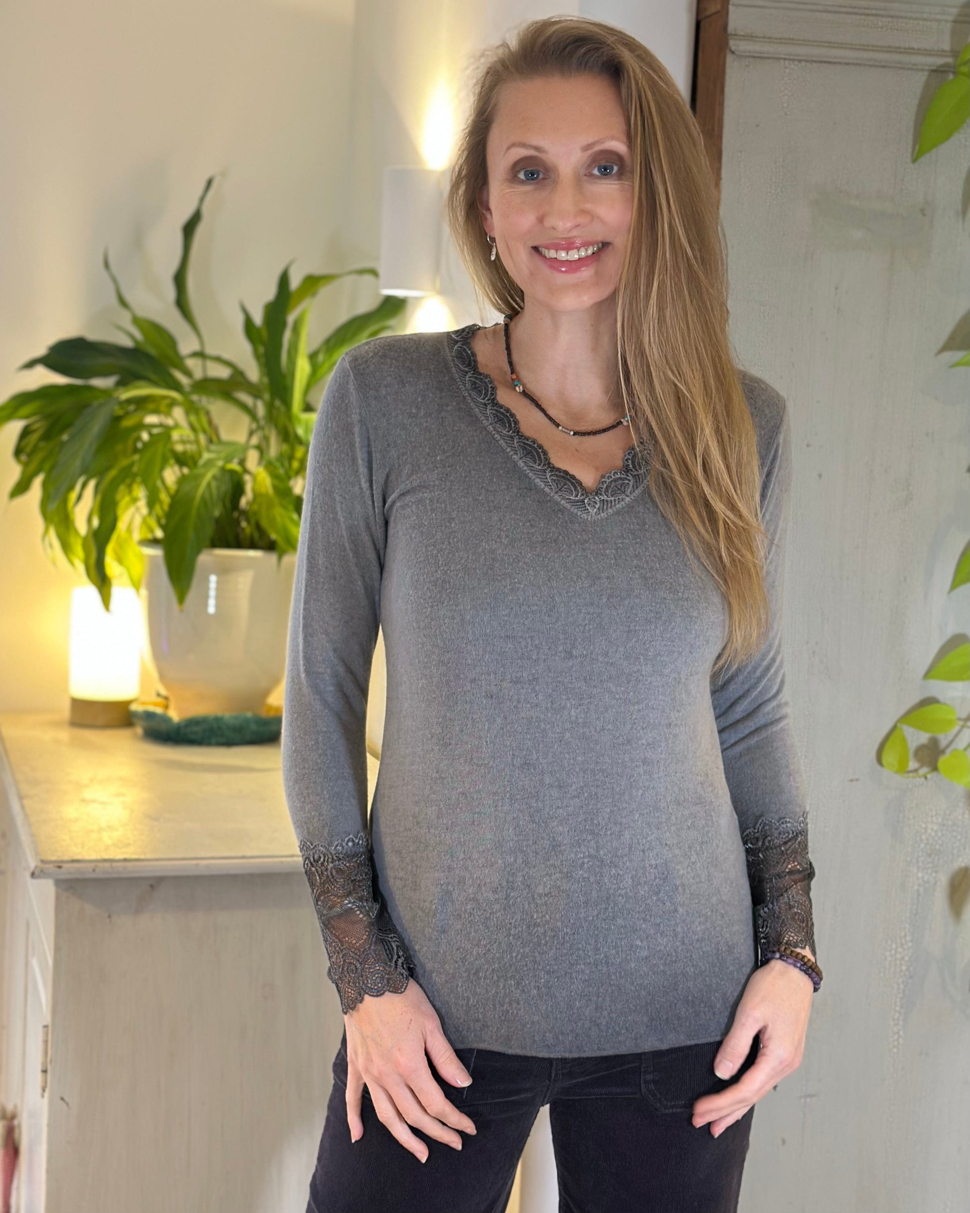 clothing Fine Knit Lace Detail Jumper - Grey