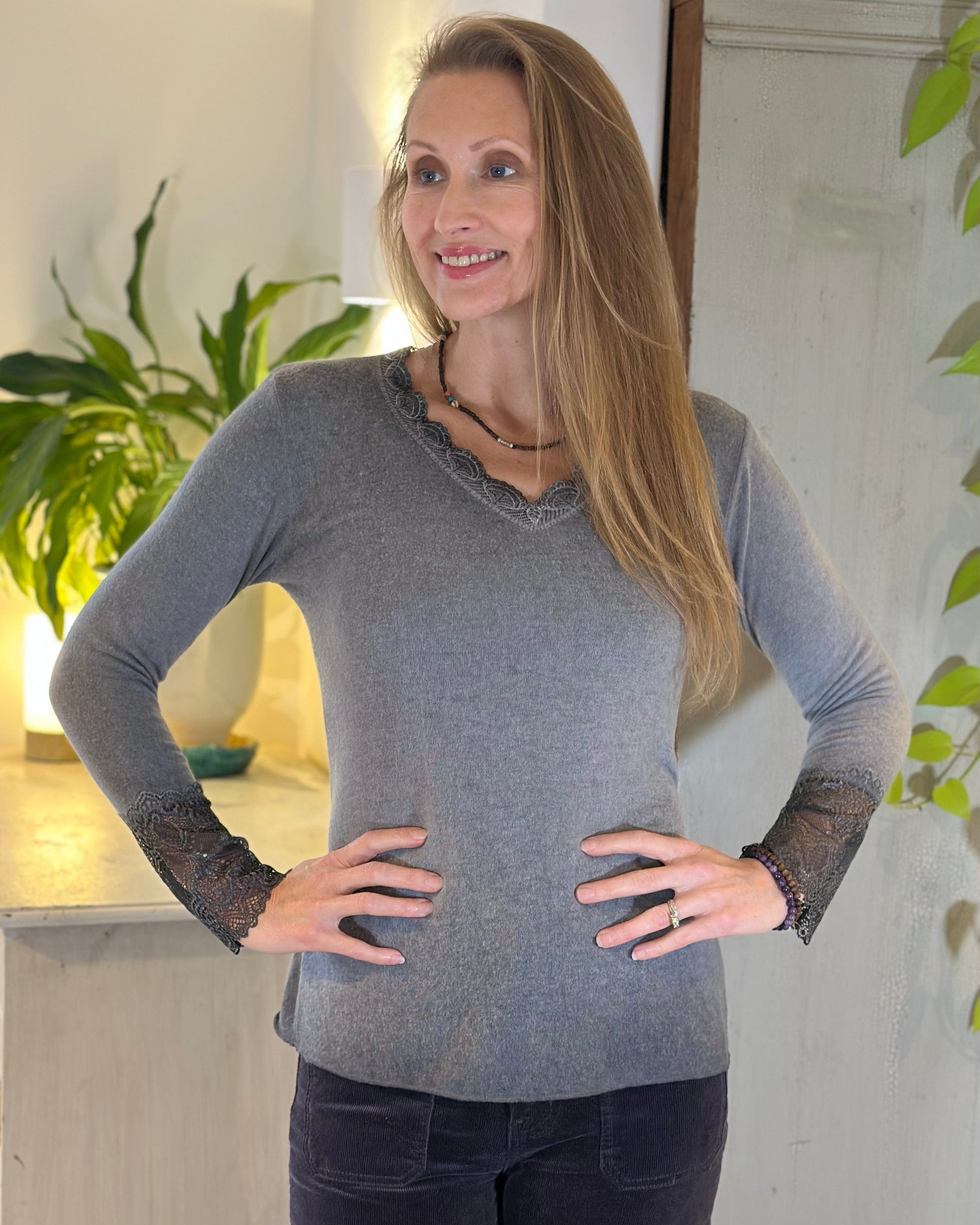 clothing Fine Knit Lace Detail Jumper - Grey