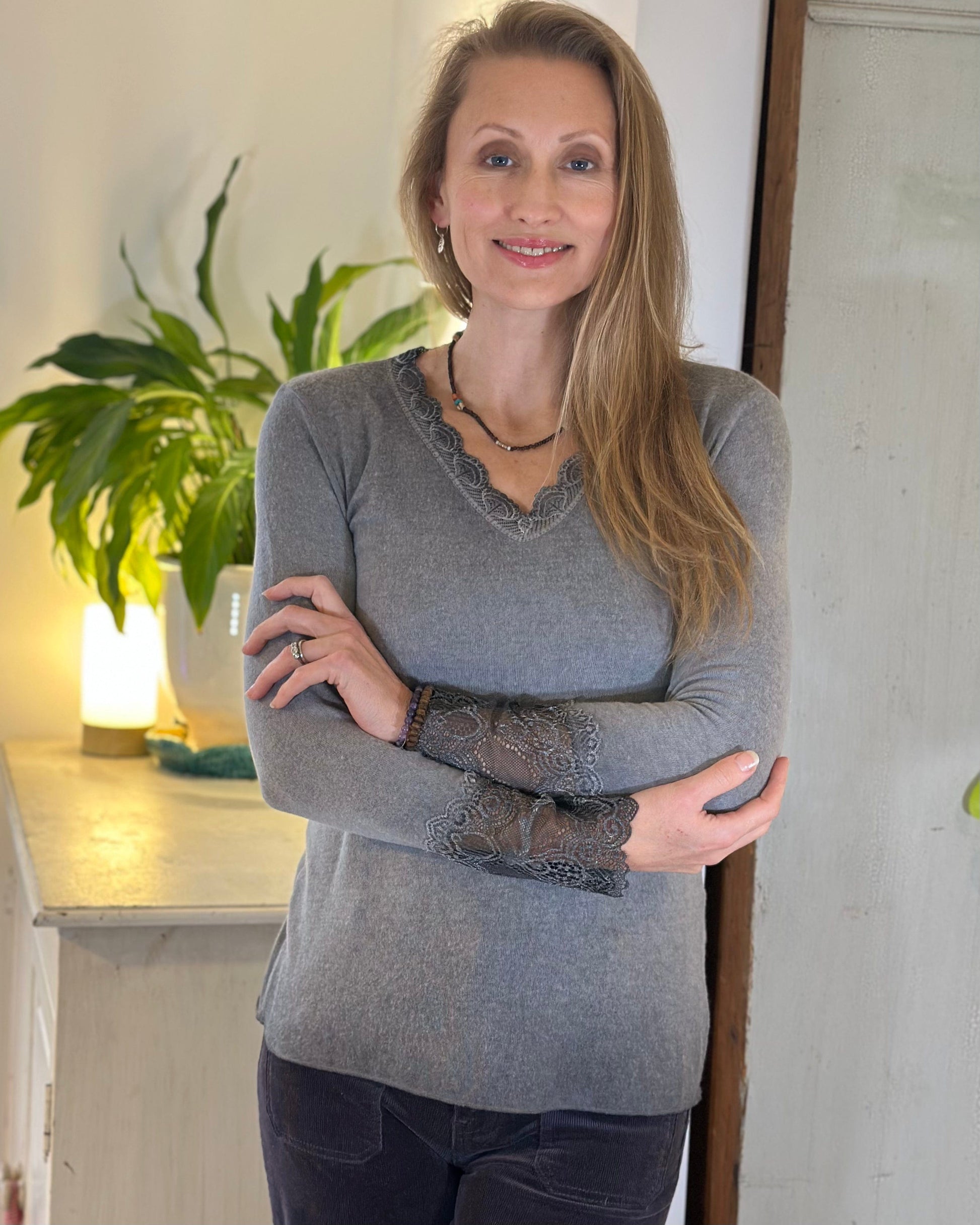 clothing Fine Knit Lace Detail Jumper - Grey