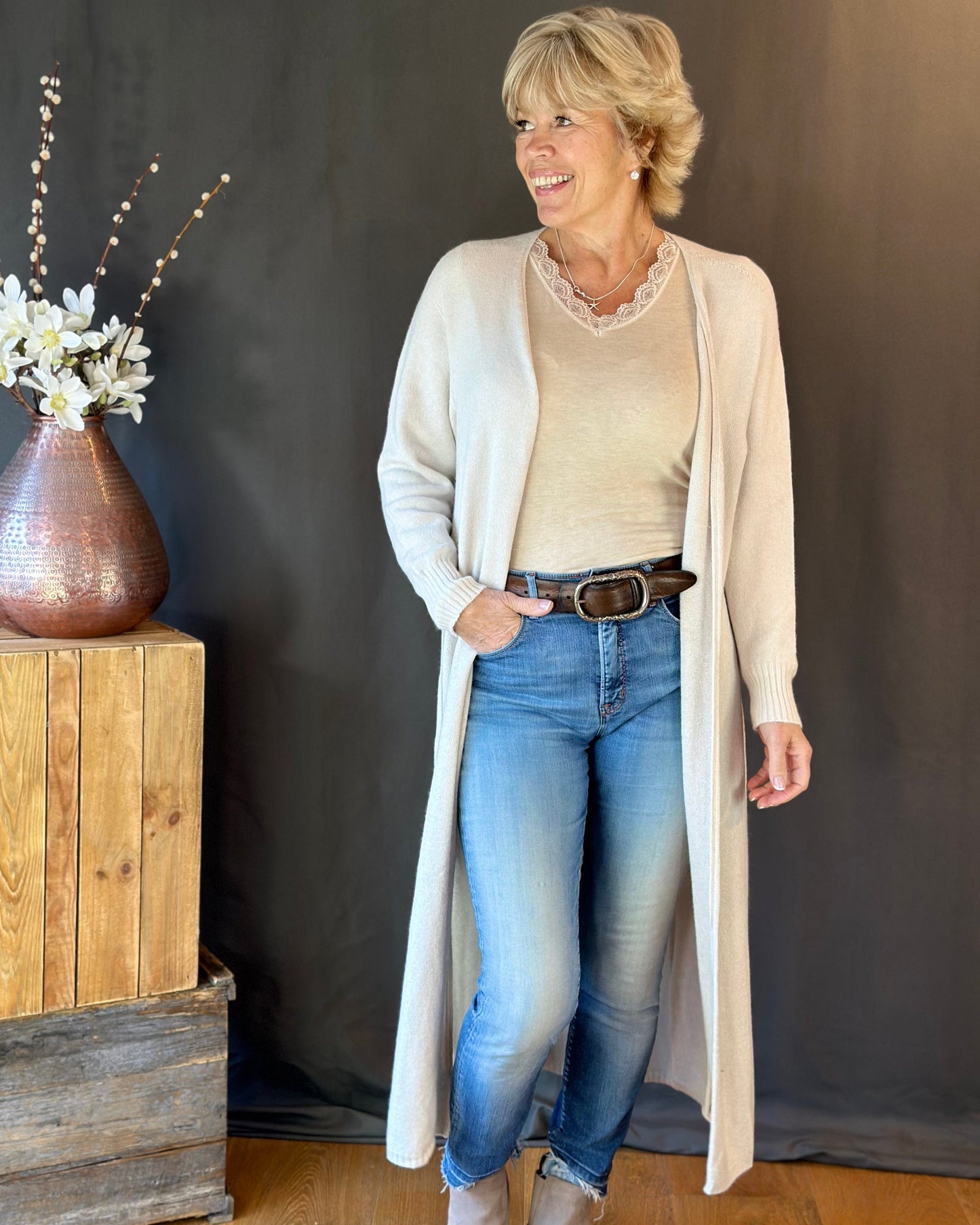 clothing Fine Knit Long Cardigan - Beige