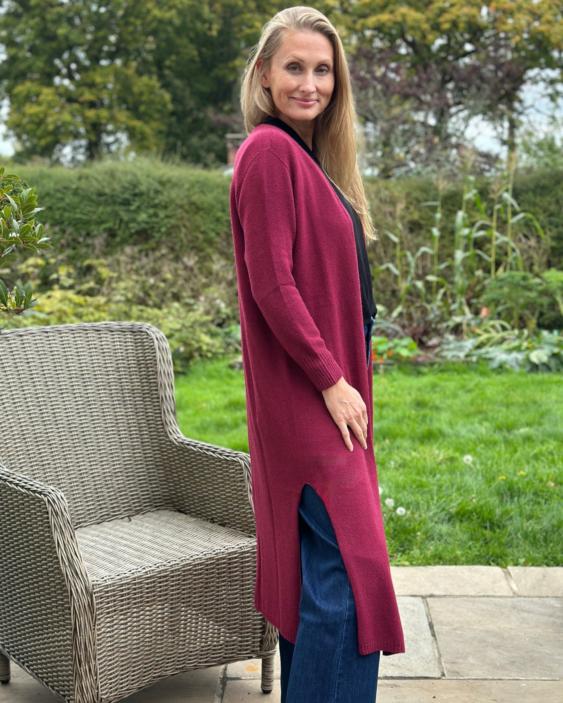 clothing Fine Knit Long Cardigan - Granata