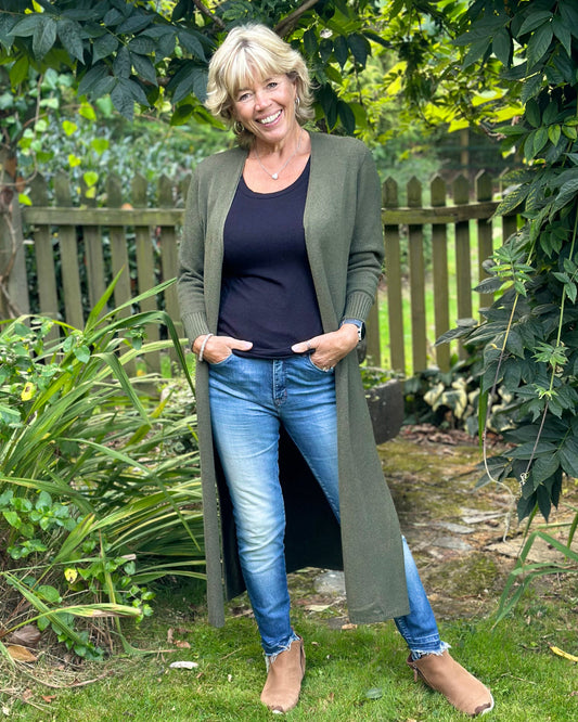 clothing Fine Knit Long Cardigan - Khaki