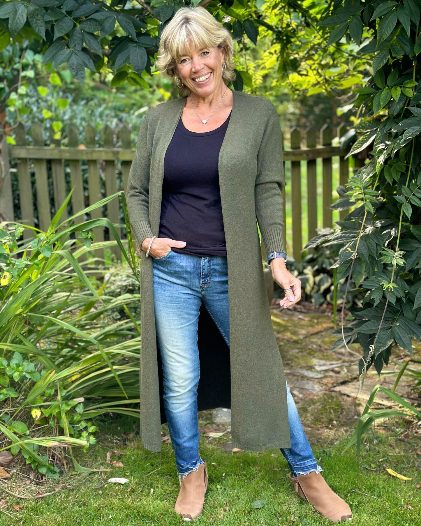 clothing Fine Knit Long Cardigan - Khaki