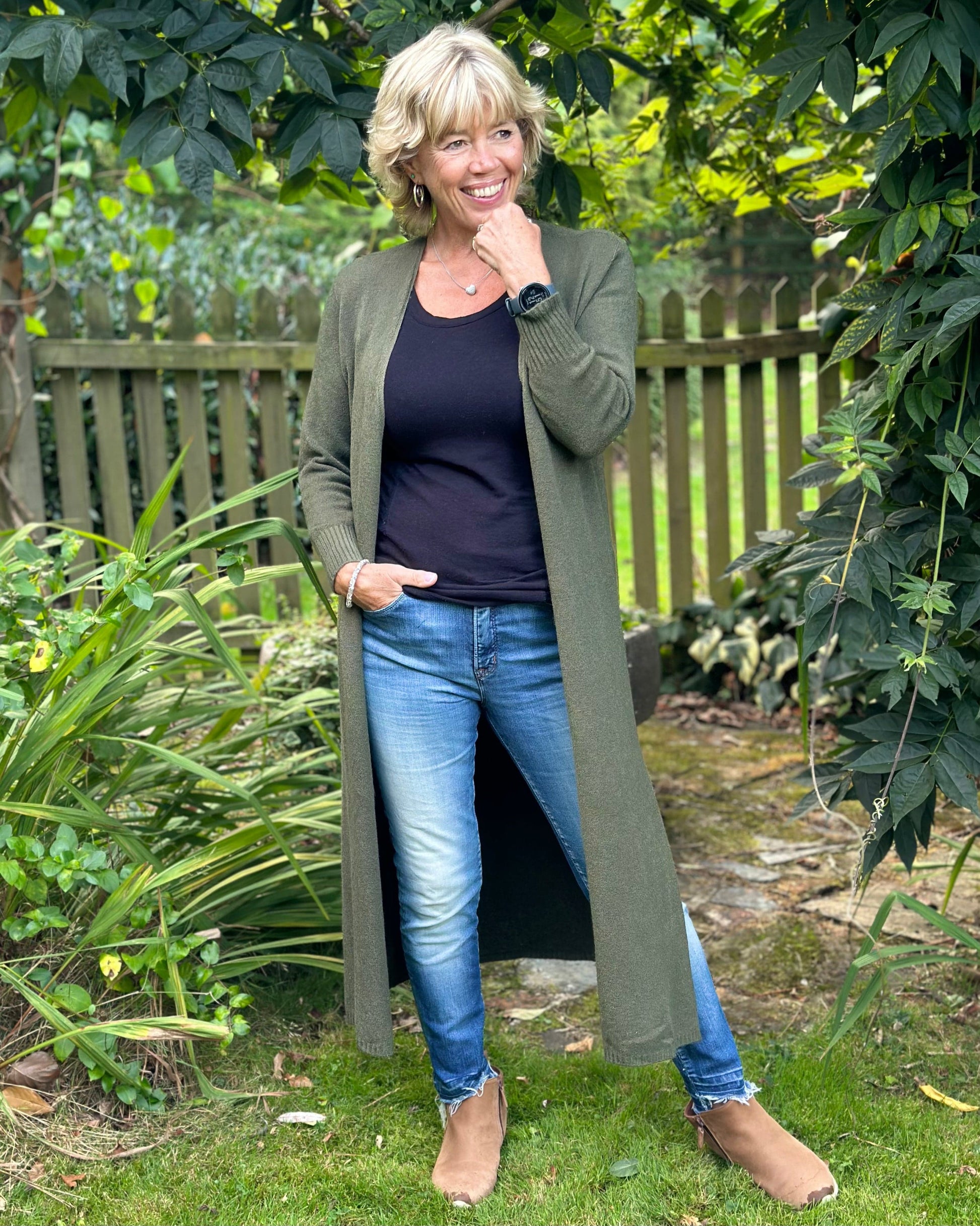 clothing Fine Knit Long Cardigan - Khaki