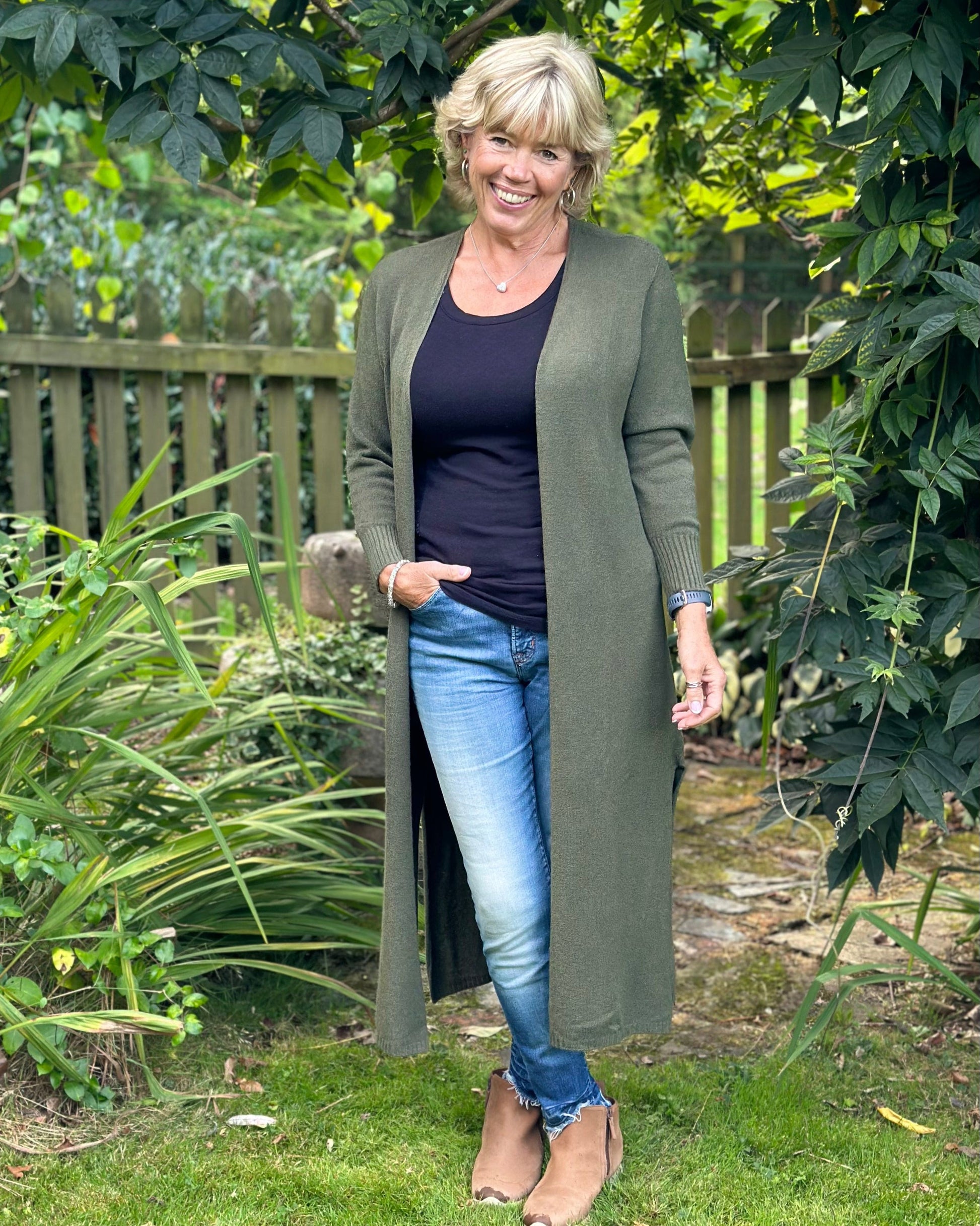 clothing Fine Knit Long Cardigan - Khaki