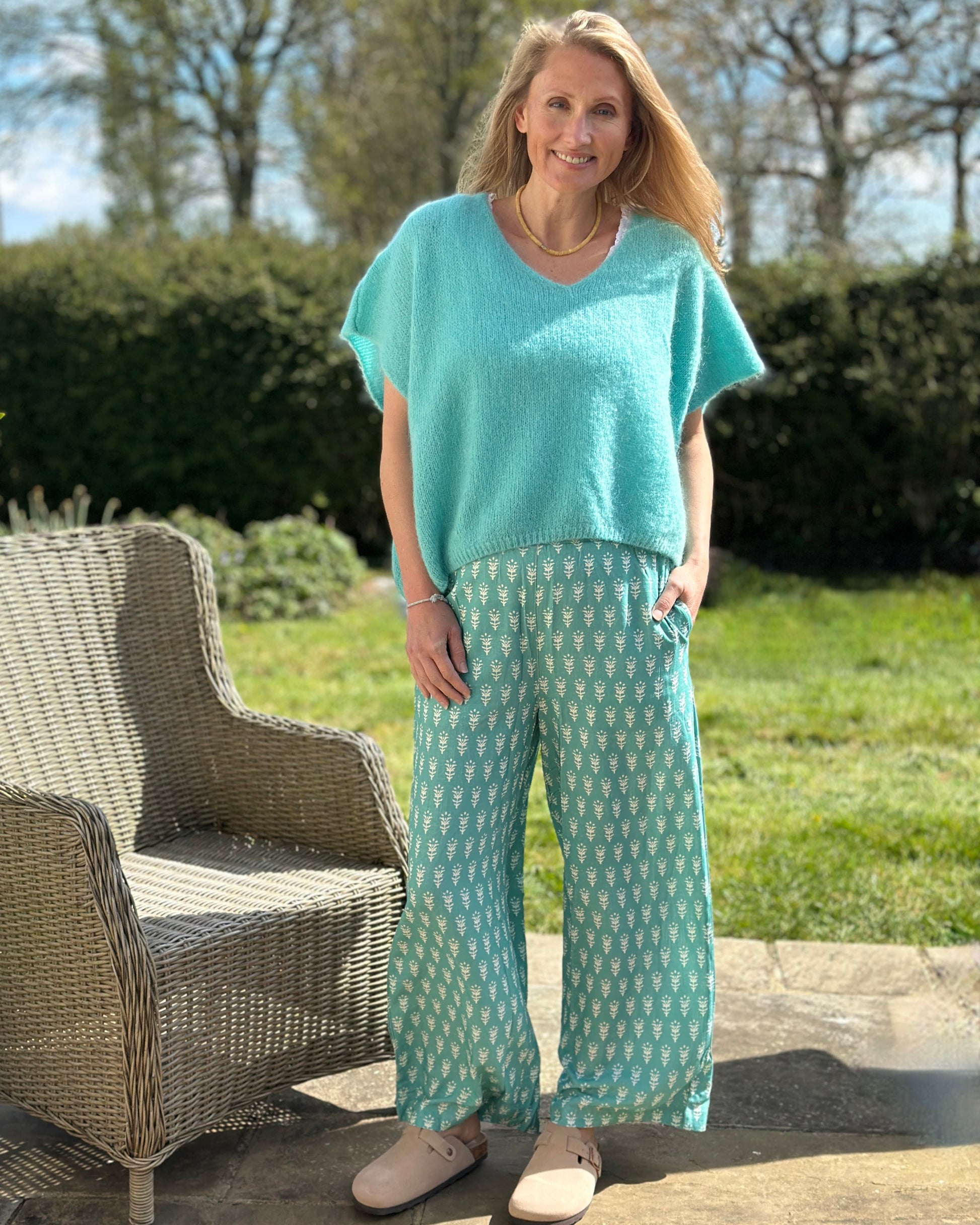 Clothing Floral Block print Palazzo Trousers - Sea Foam