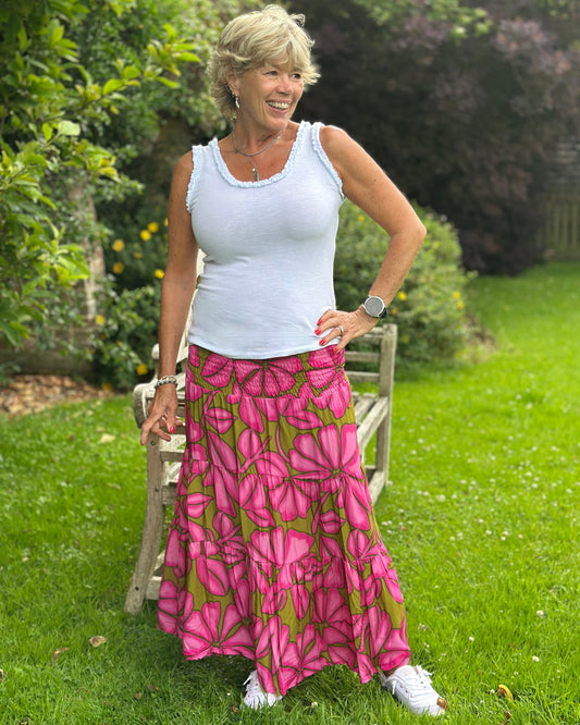 Clothing Floral Patterned Tiered Skirt/Dress - Fuchsia/Olive