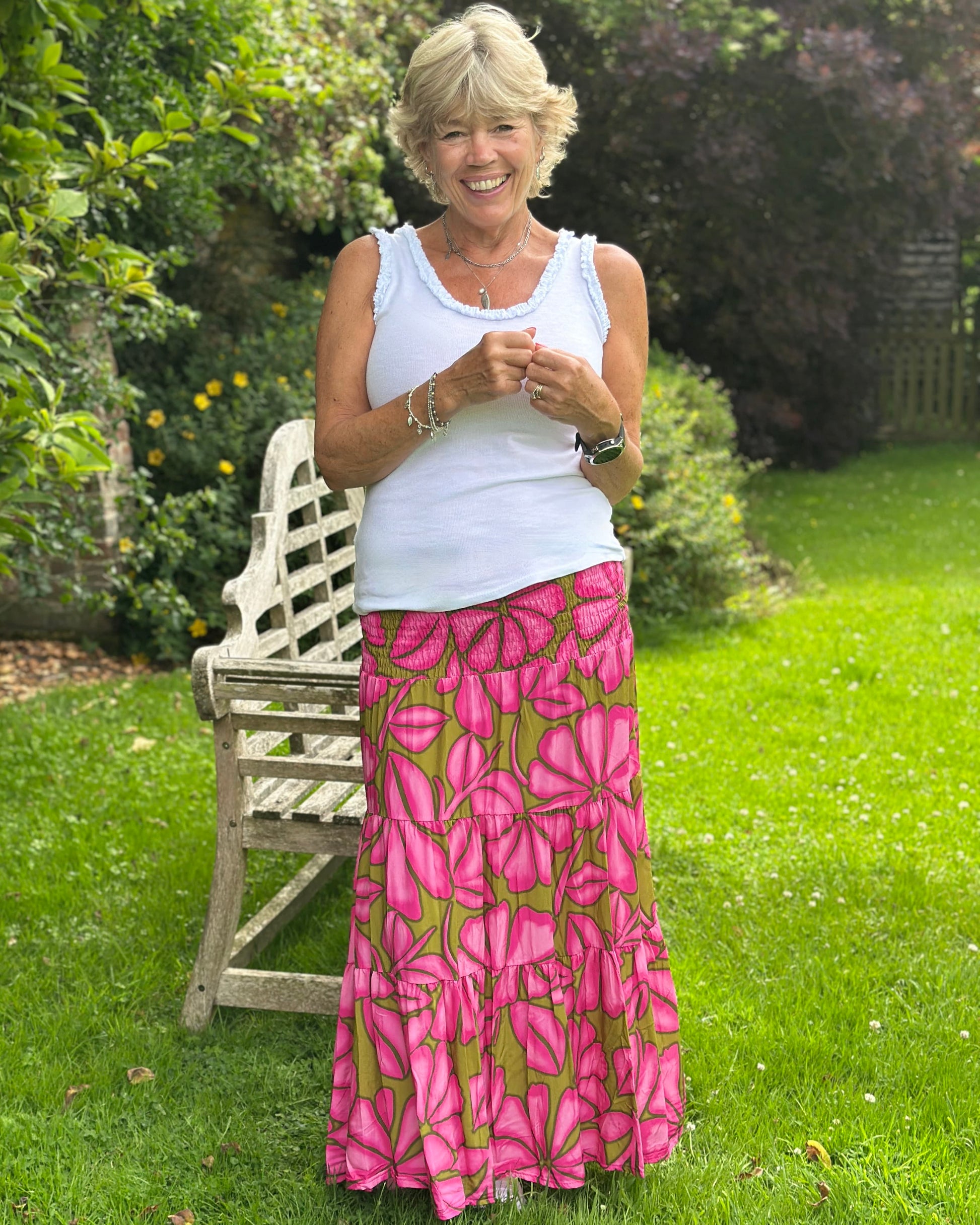 Clothing Floral Patterned Tiered Skirt/Dress - Fuchsia/Olive