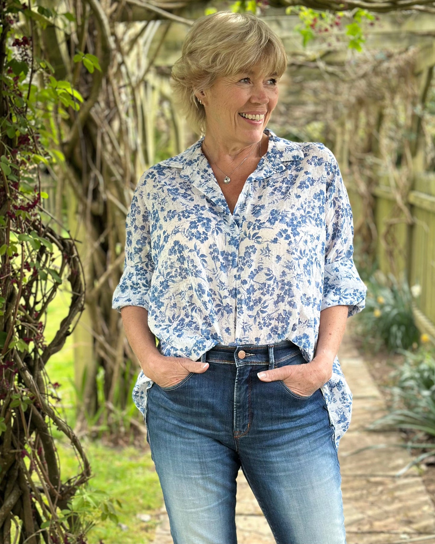 clothing Flower Print Cotton Shirt - Blue