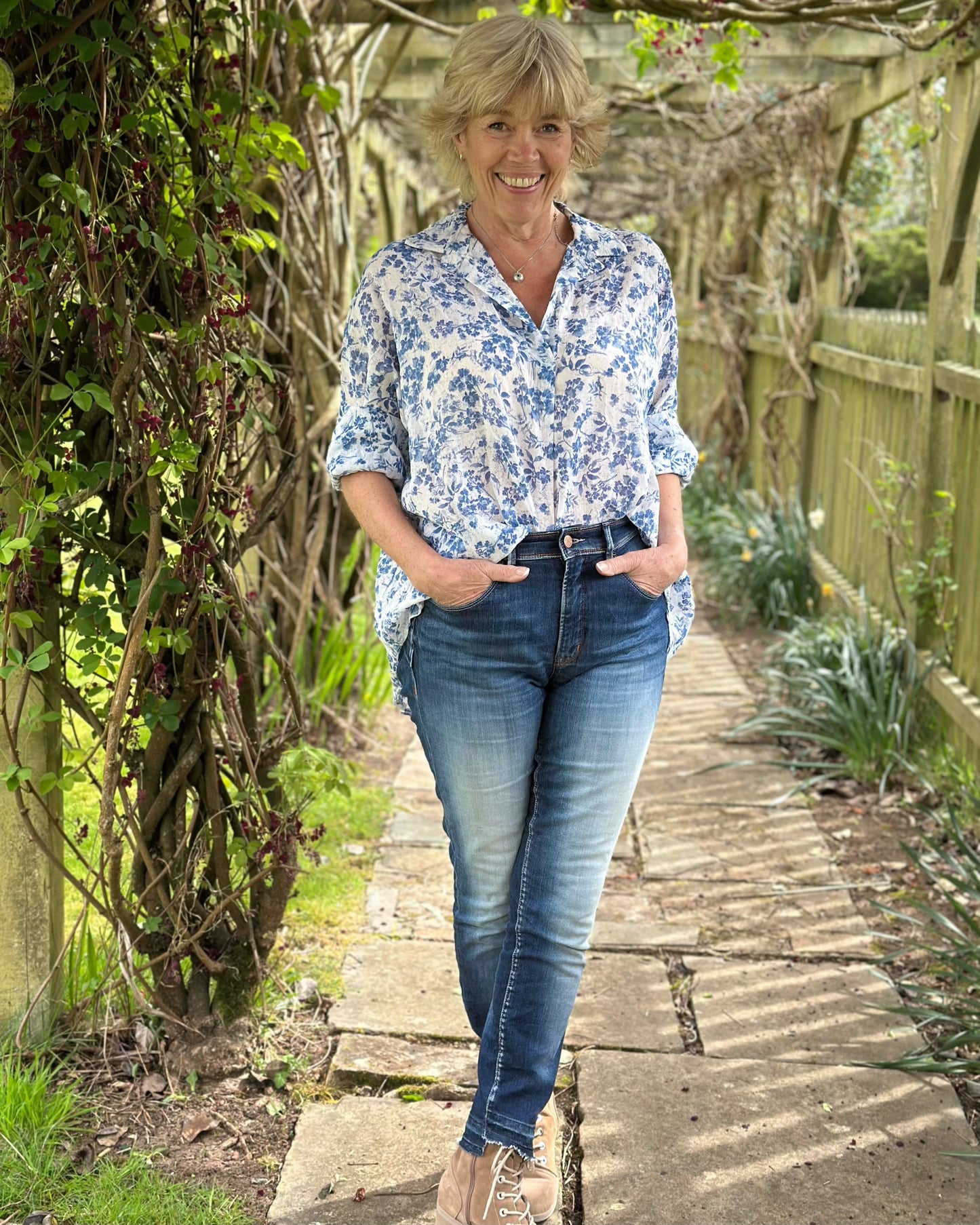 clothing Flower Print Cotton Shirt - Blue