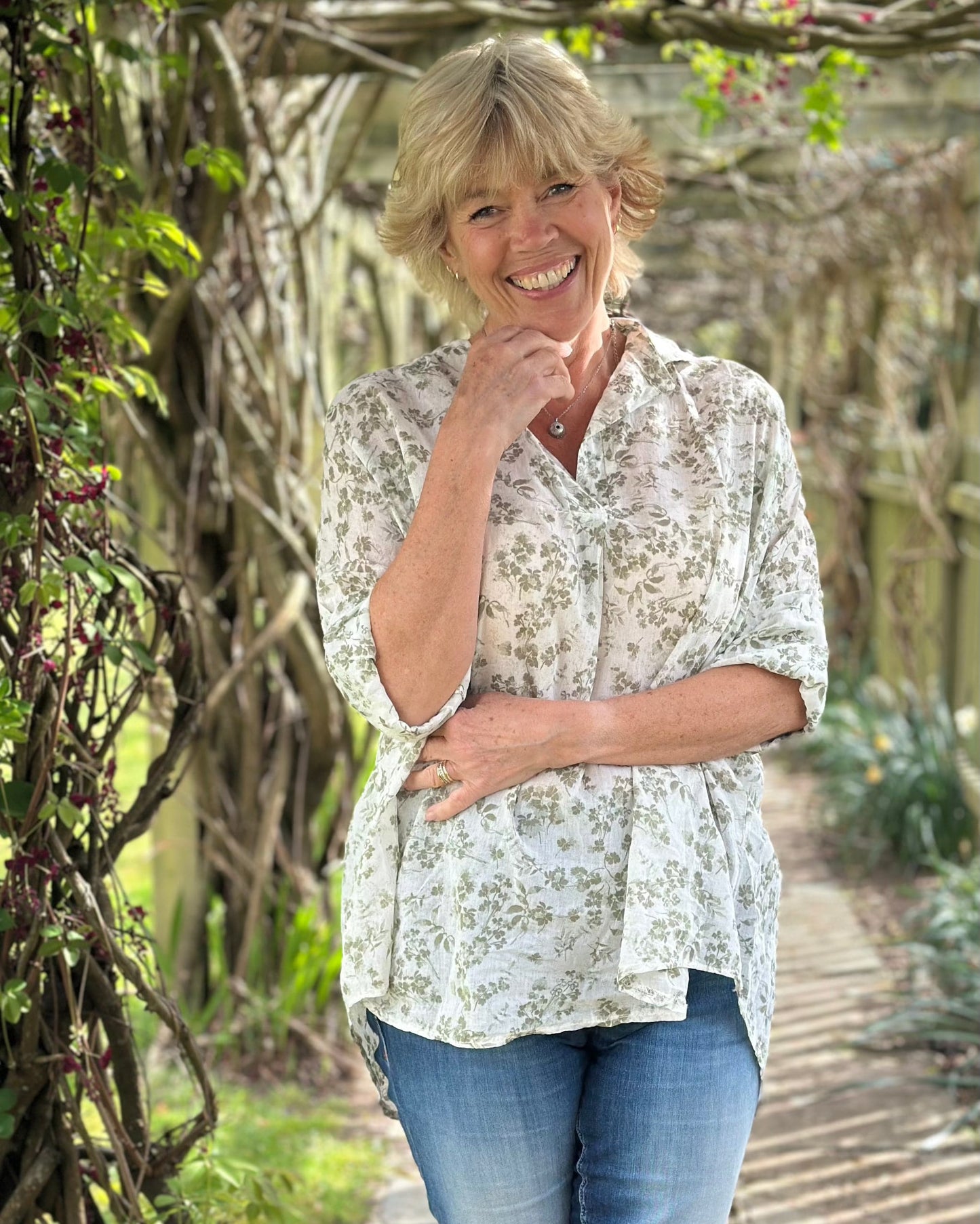 clothing Flower Print Cotton Shirt - Khaki