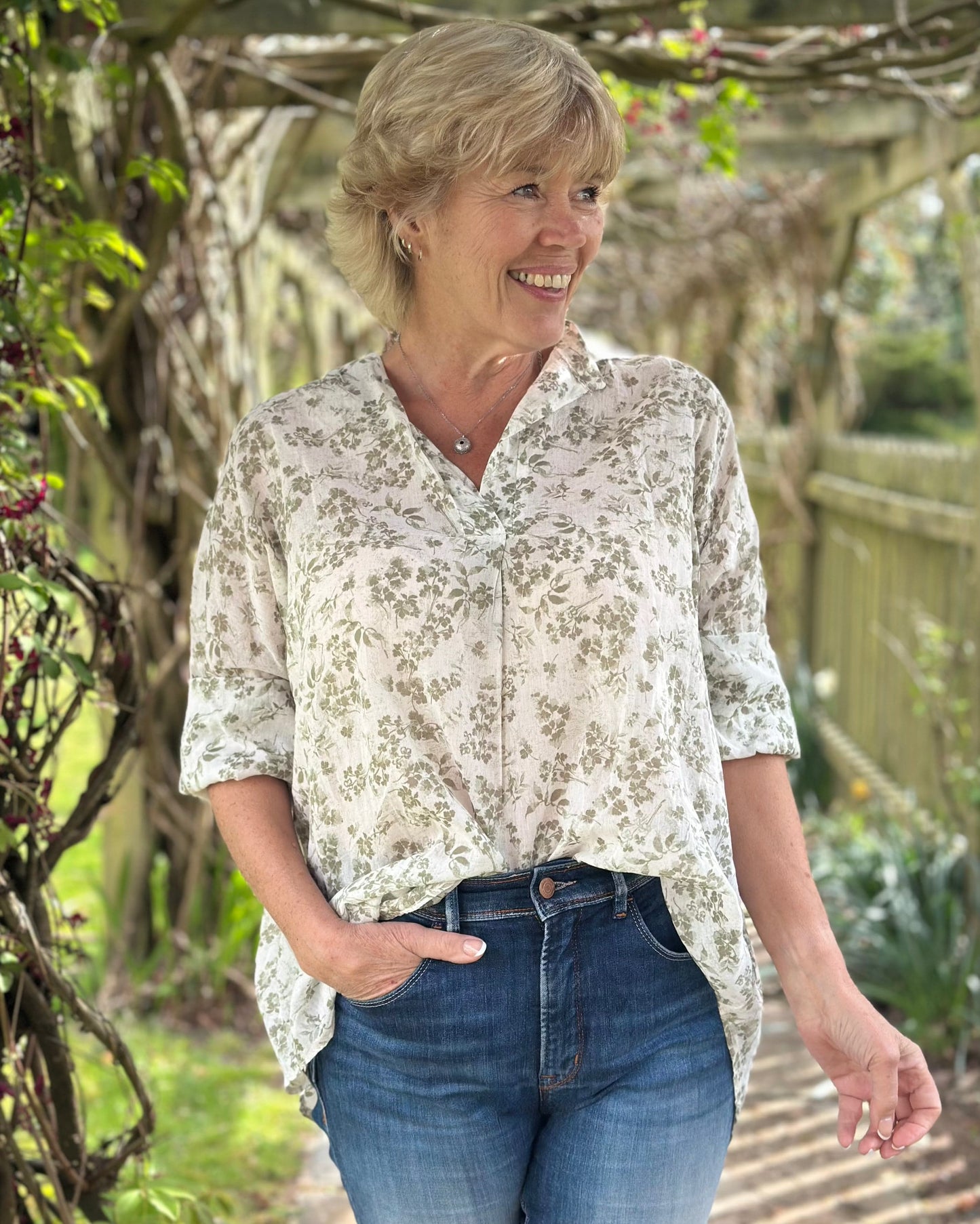 clothing Flower Print Cotton Shirt - Khaki