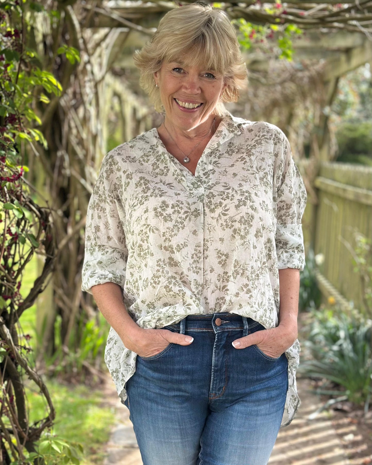 clothing Flower Print Cotton Shirt - Khaki