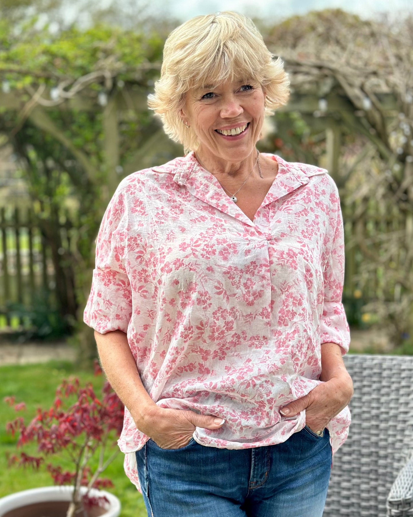 clothing Flower Print Cotton Shirt - Pink