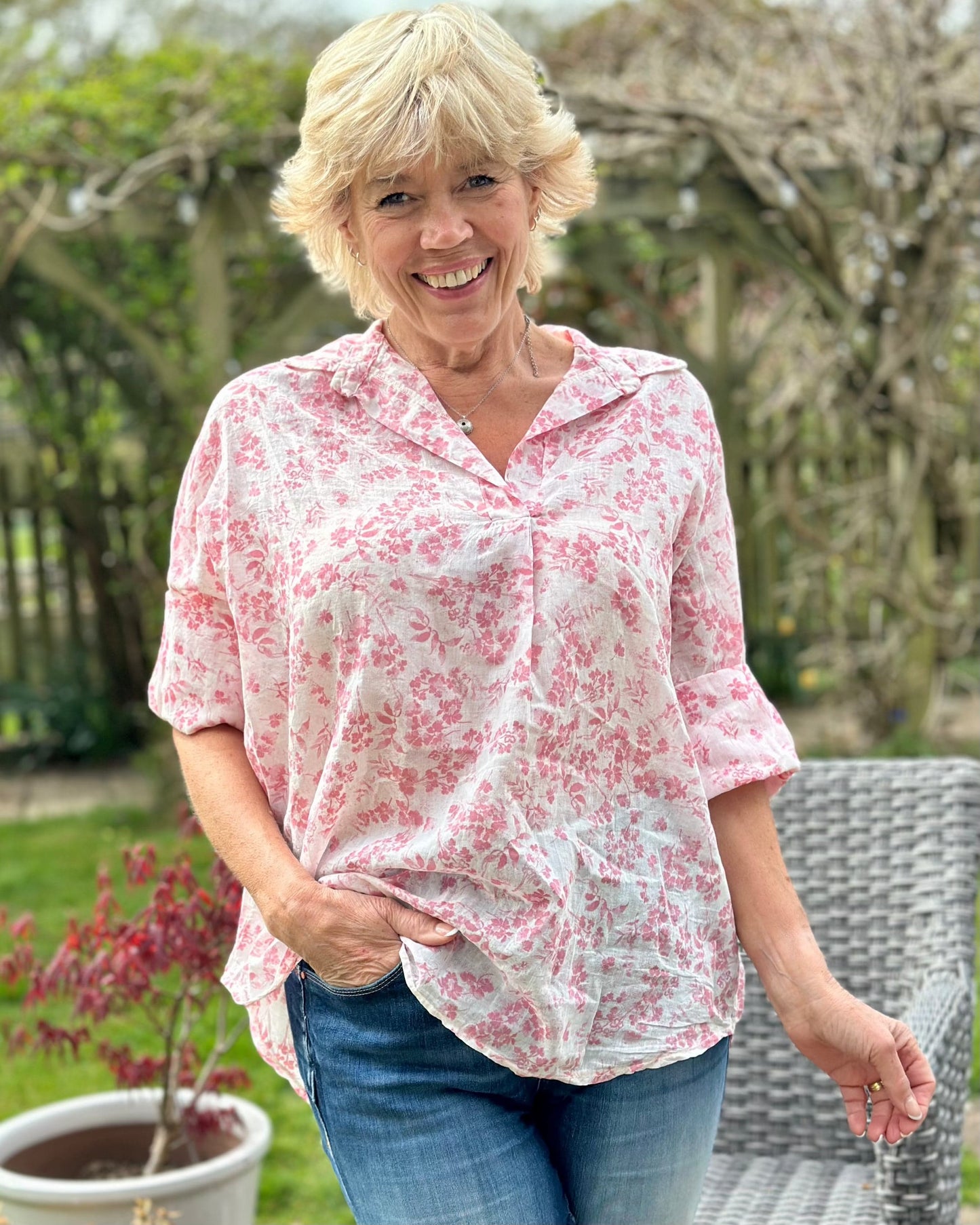 clothing Flower Print Cotton Shirt - Pink