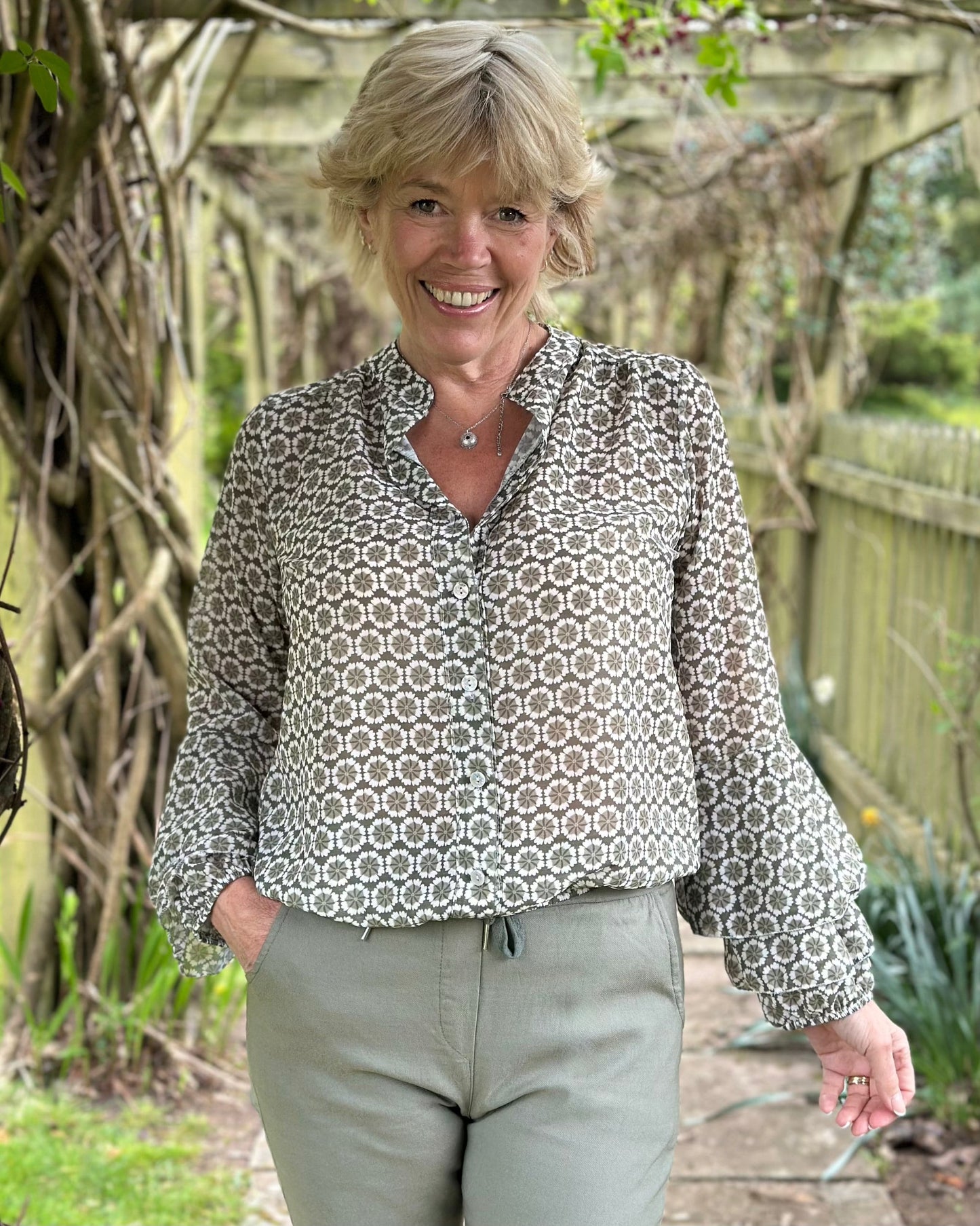 clothing Flower Print Spanish Sleeve Blouse - Khaki