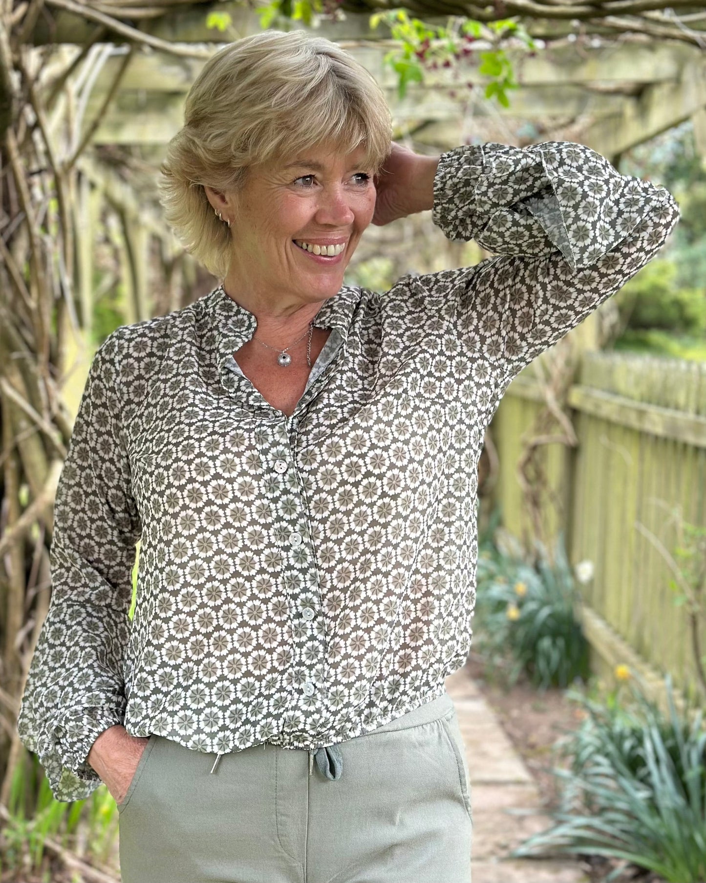 clothing Flower Print Spanish Sleeve Blouse - Khaki