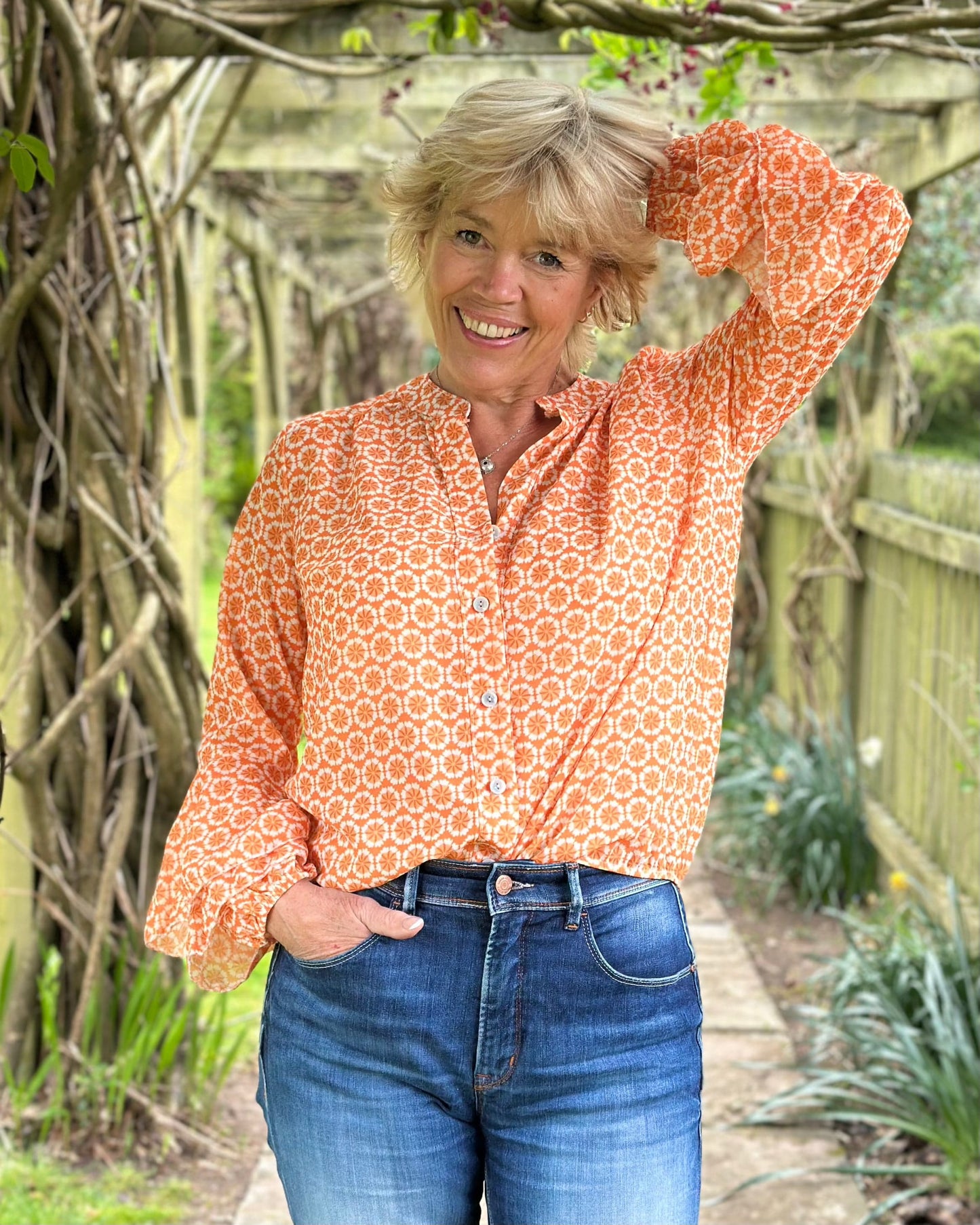 clothing Flower Print Spanish Sleeve Blouse - Orange