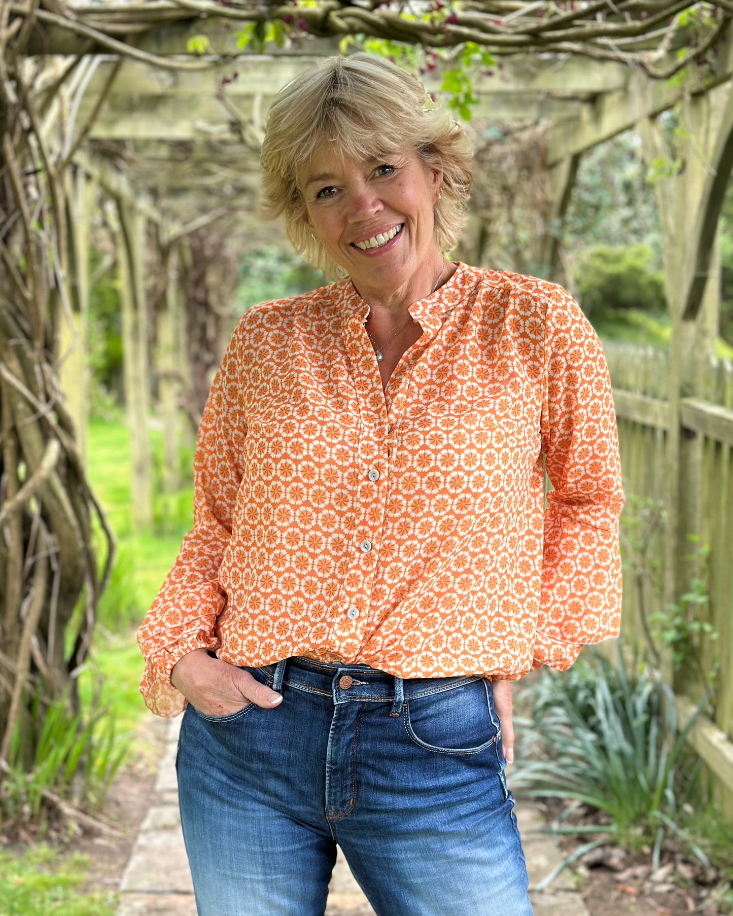 clothing Flower Print Spanish Sleeve Blouse - Orange