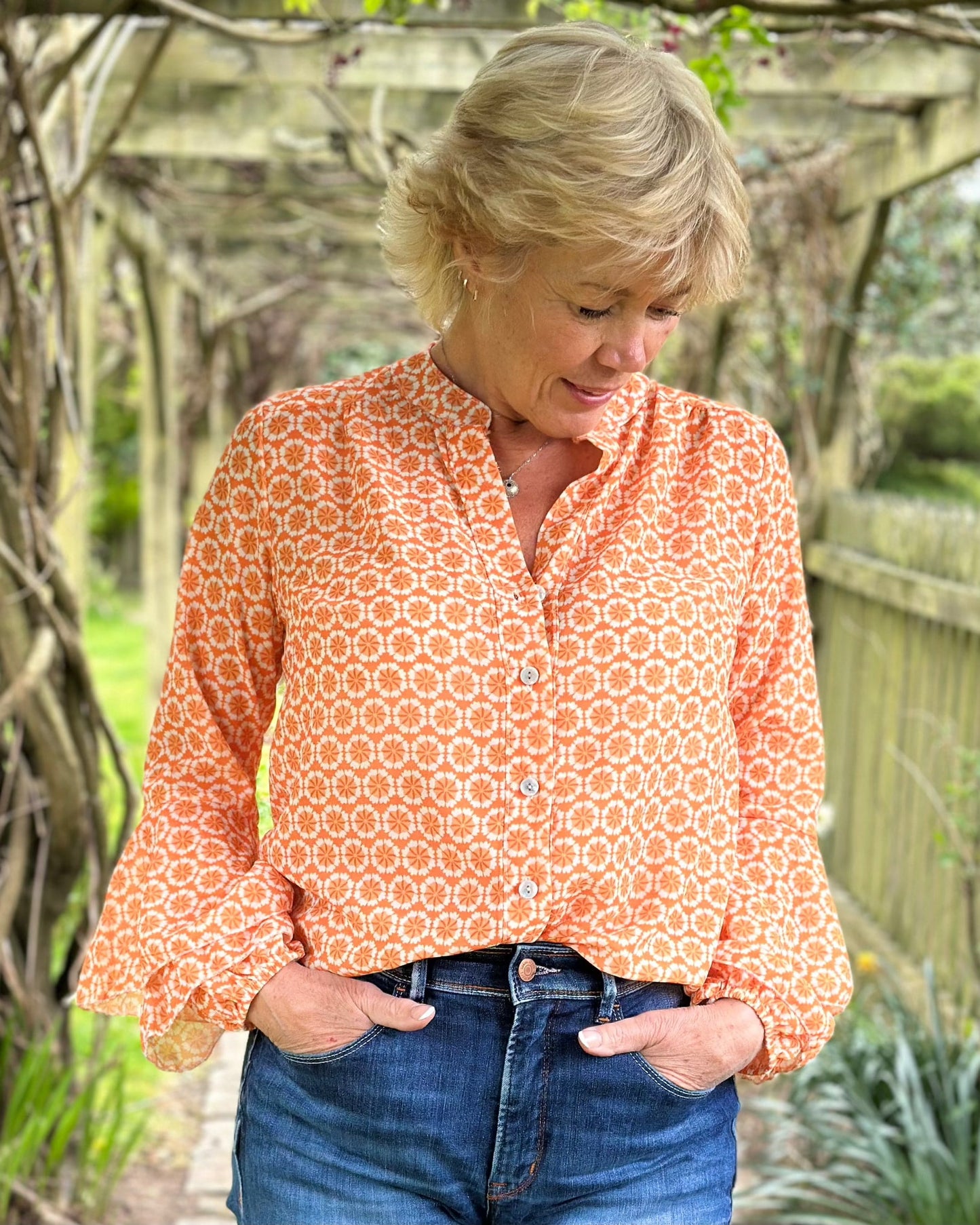 clothing Flower Print Spanish Sleeve Blouse - Orange