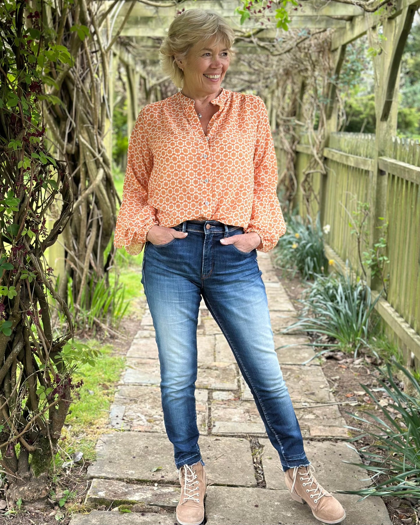 clothing Flower Print Spanish Sleeve Blouse - Orange