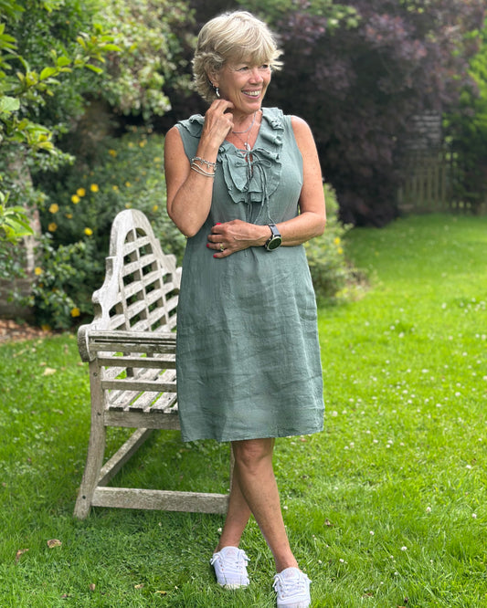 Clothing Frilled Linen Dress - Khaki