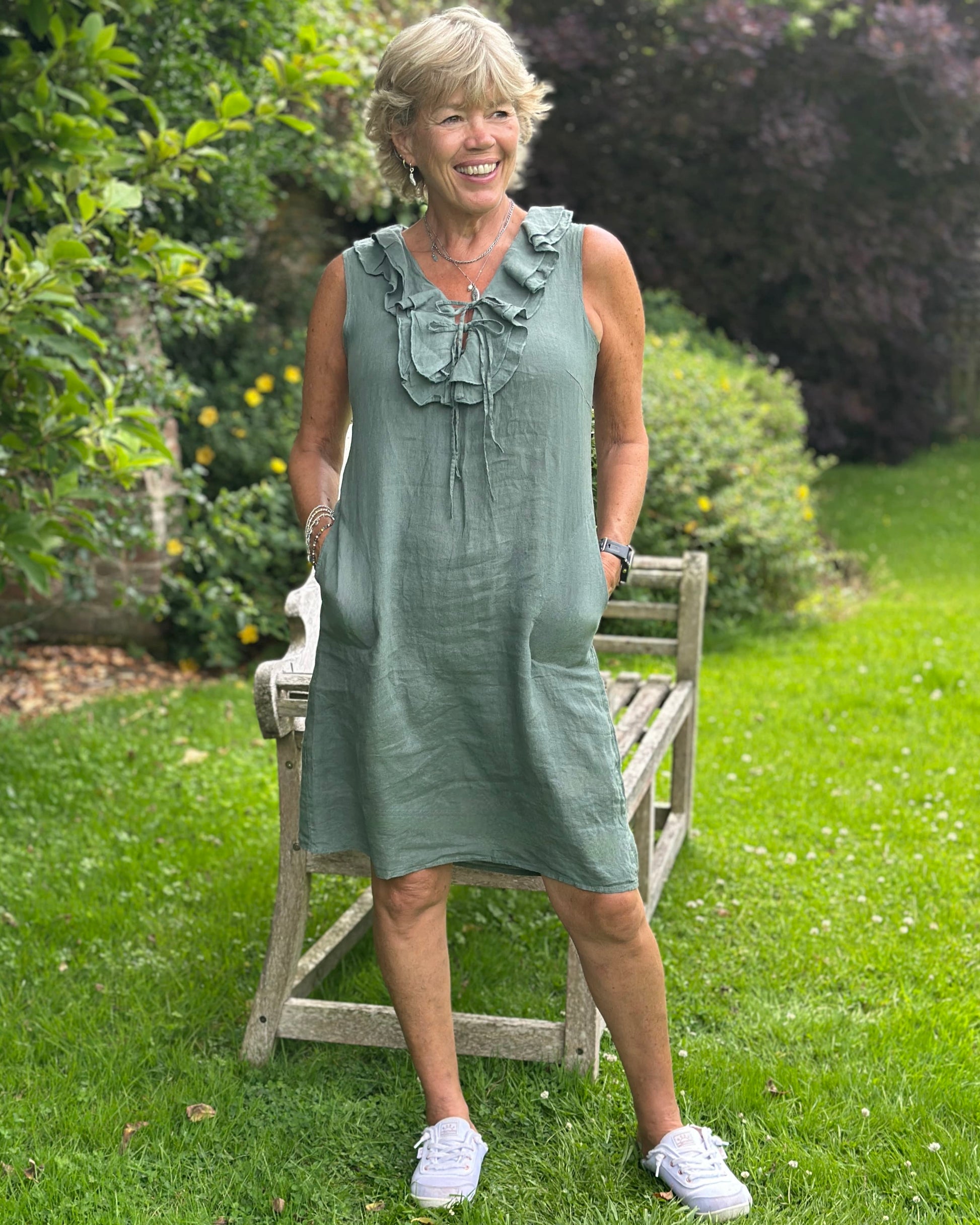 Clothing Frilled Linen Dress - Khaki