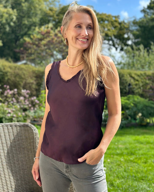 Clothing Frilled Satin Vest Top - Burgundy