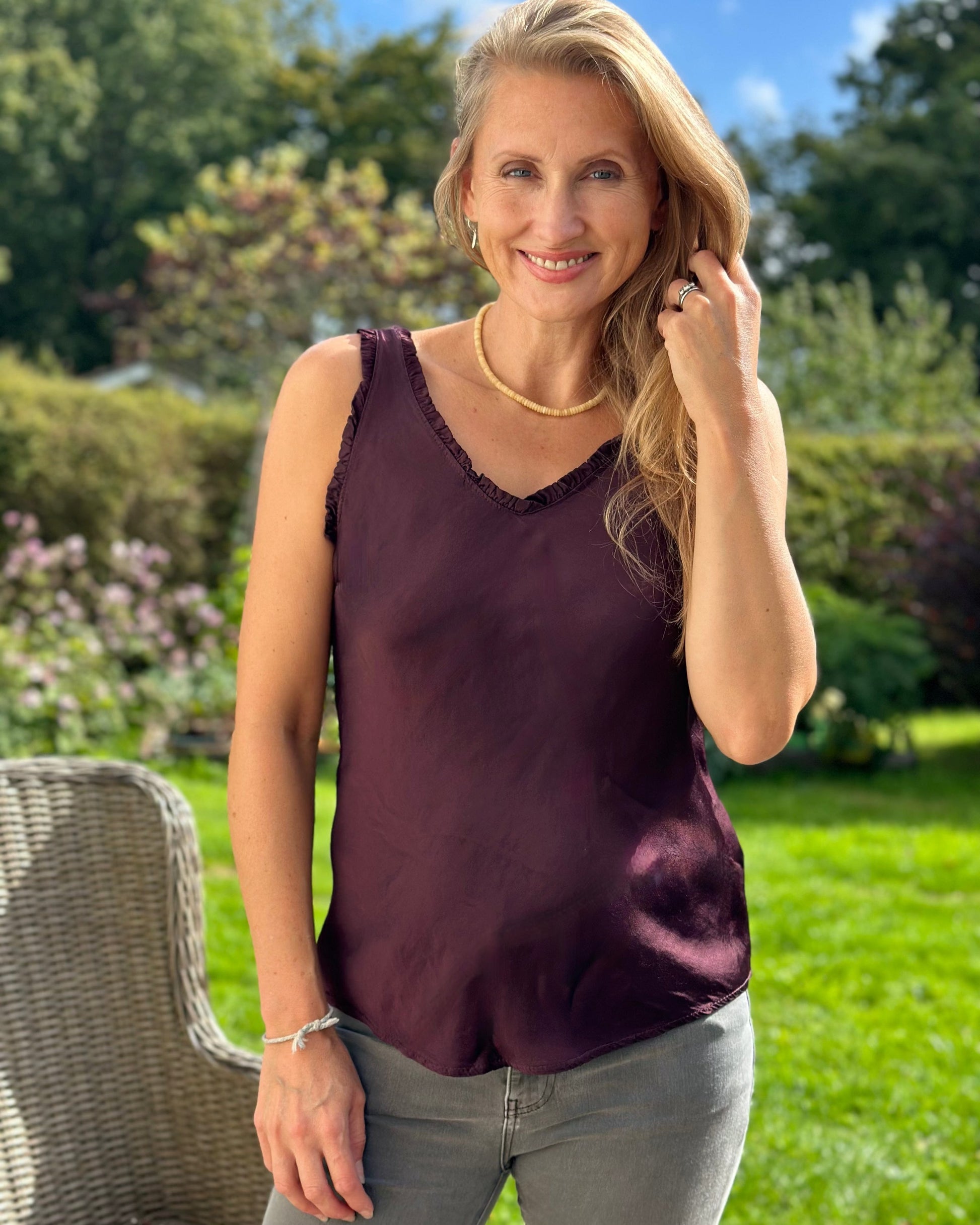 Clothing Frilled Satin Vest Top - Burgundy