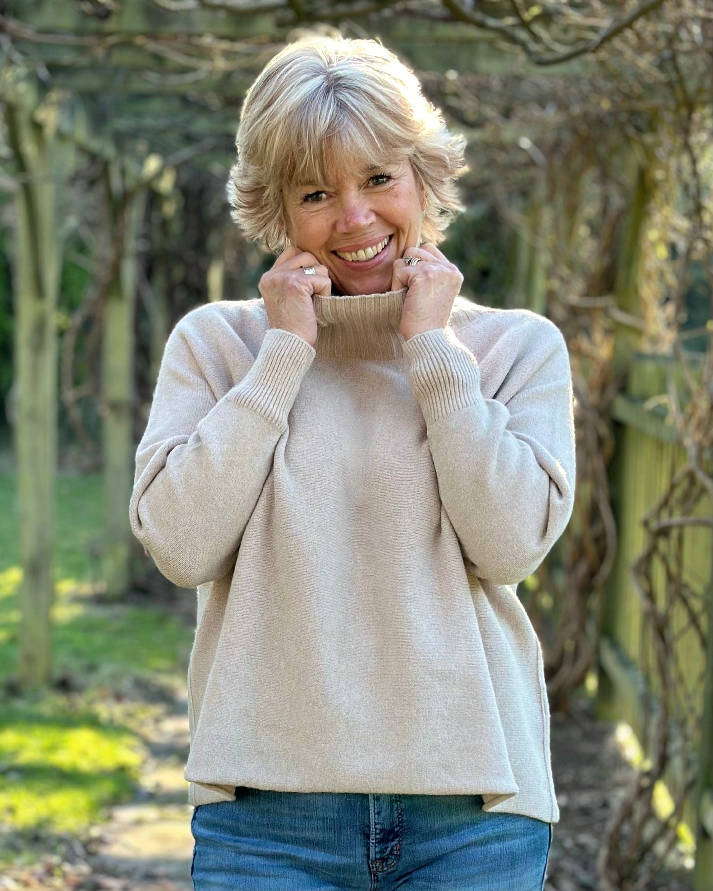 Clothing Funnel Neck Soft Knit Long Sleeve Jumper - Beige