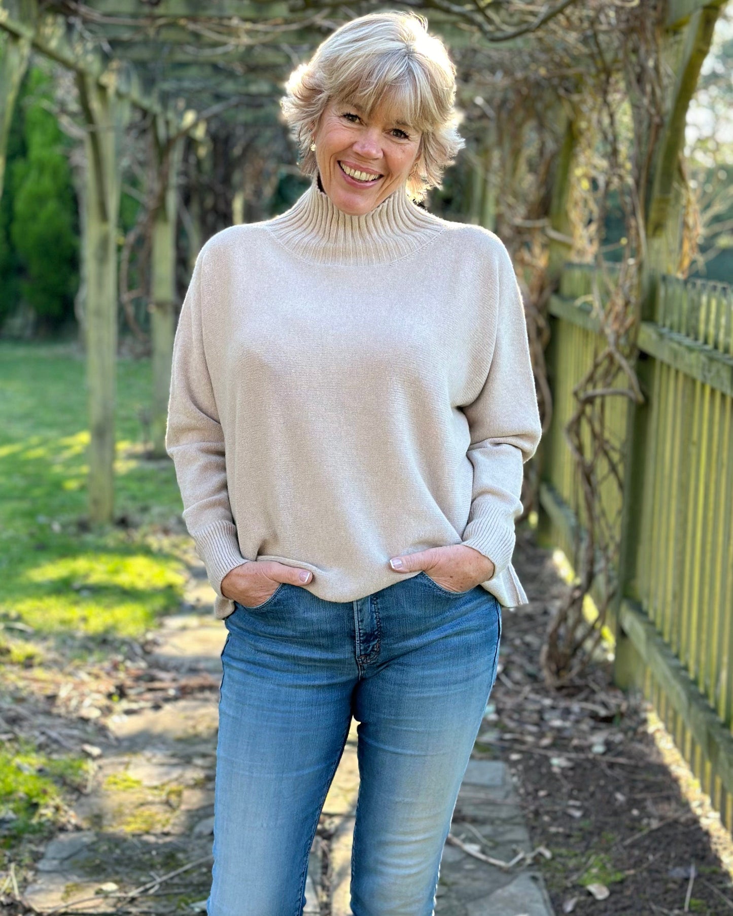 Clothing Funnel Neck Soft Knit Long Sleeve Jumper - Beige