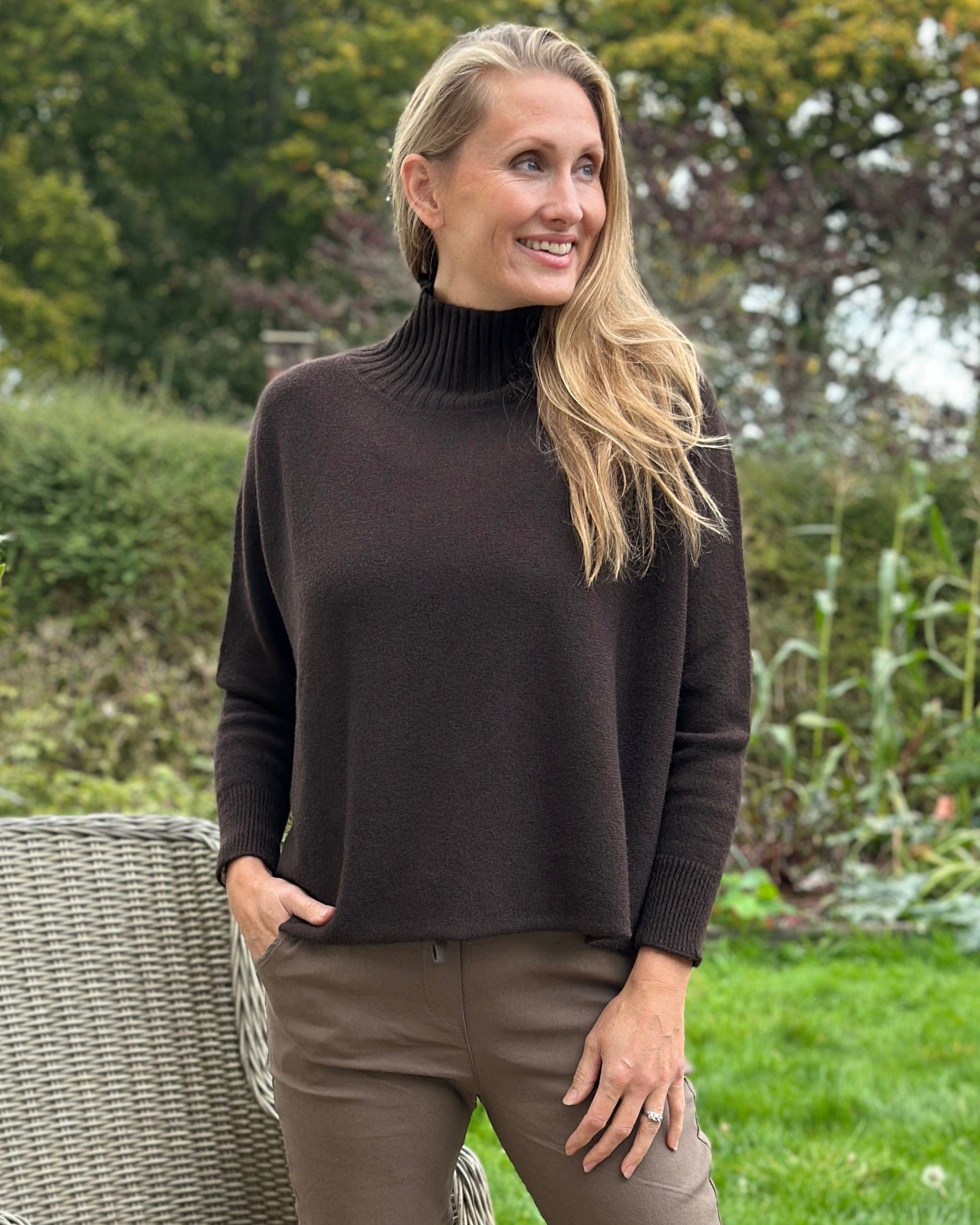 Clothing Funnel Neck Soft Knit Long Sleeve Jumper - Dark Chocolate