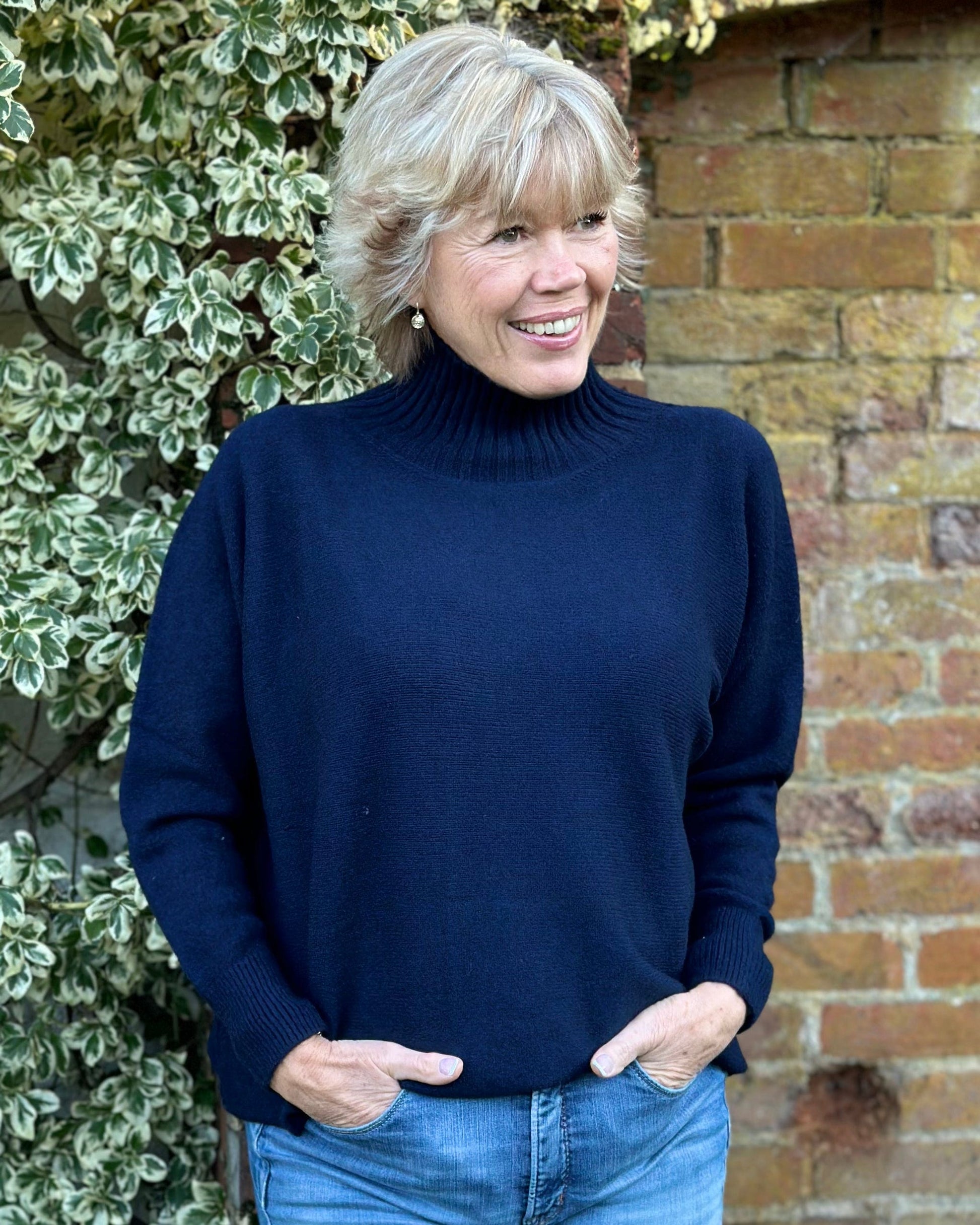 Clothing Funnel Neck Soft Knit Long Sleeve Jumper - Navy