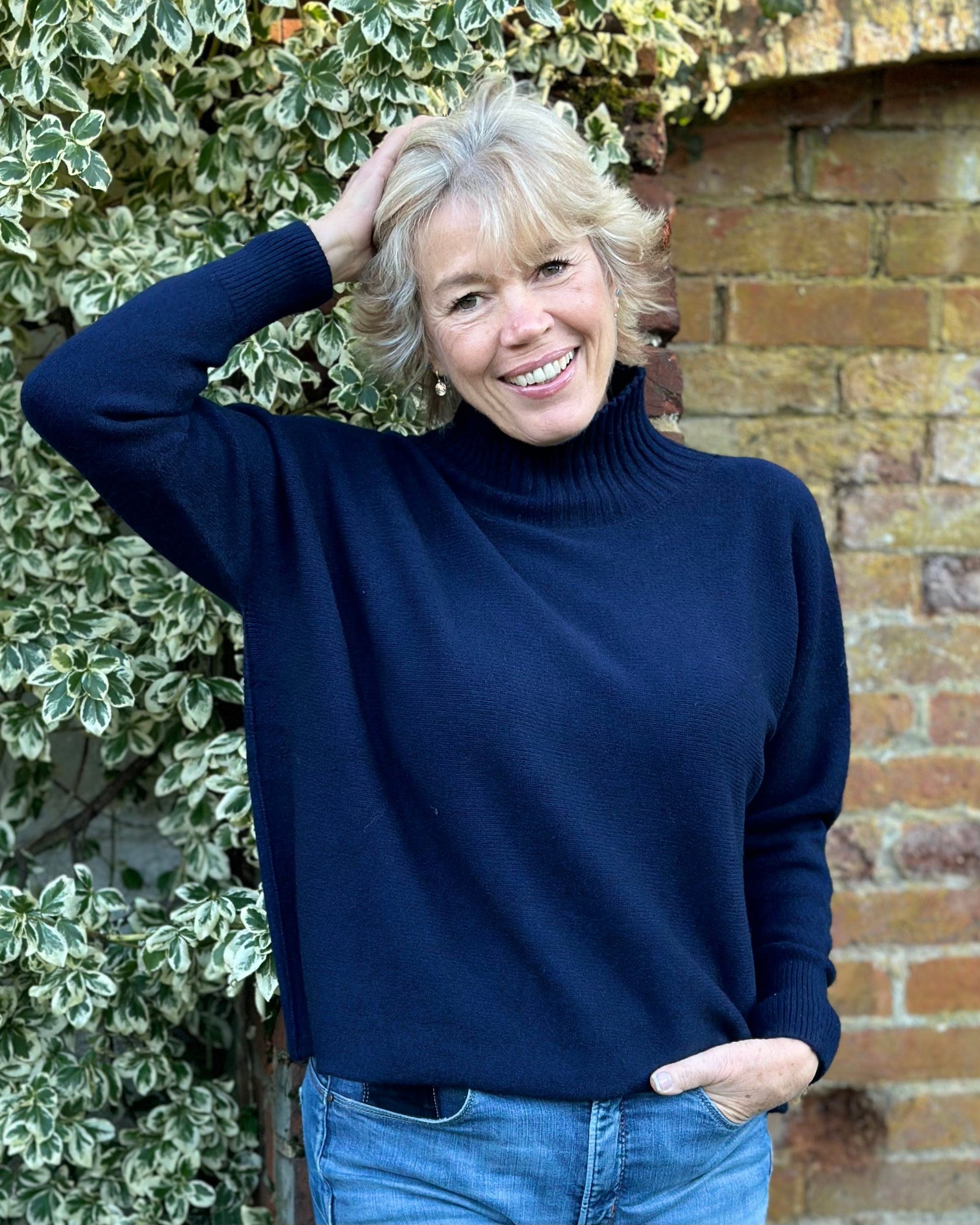 Clothing Funnel Neck Soft Knit Long Sleeve Jumper - Navy