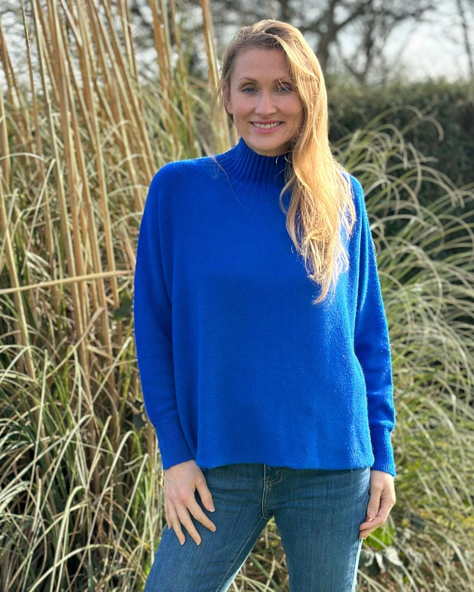 Clothing Funnel Neck Soft Knit Long Sleeve Jumper - Royal Blue