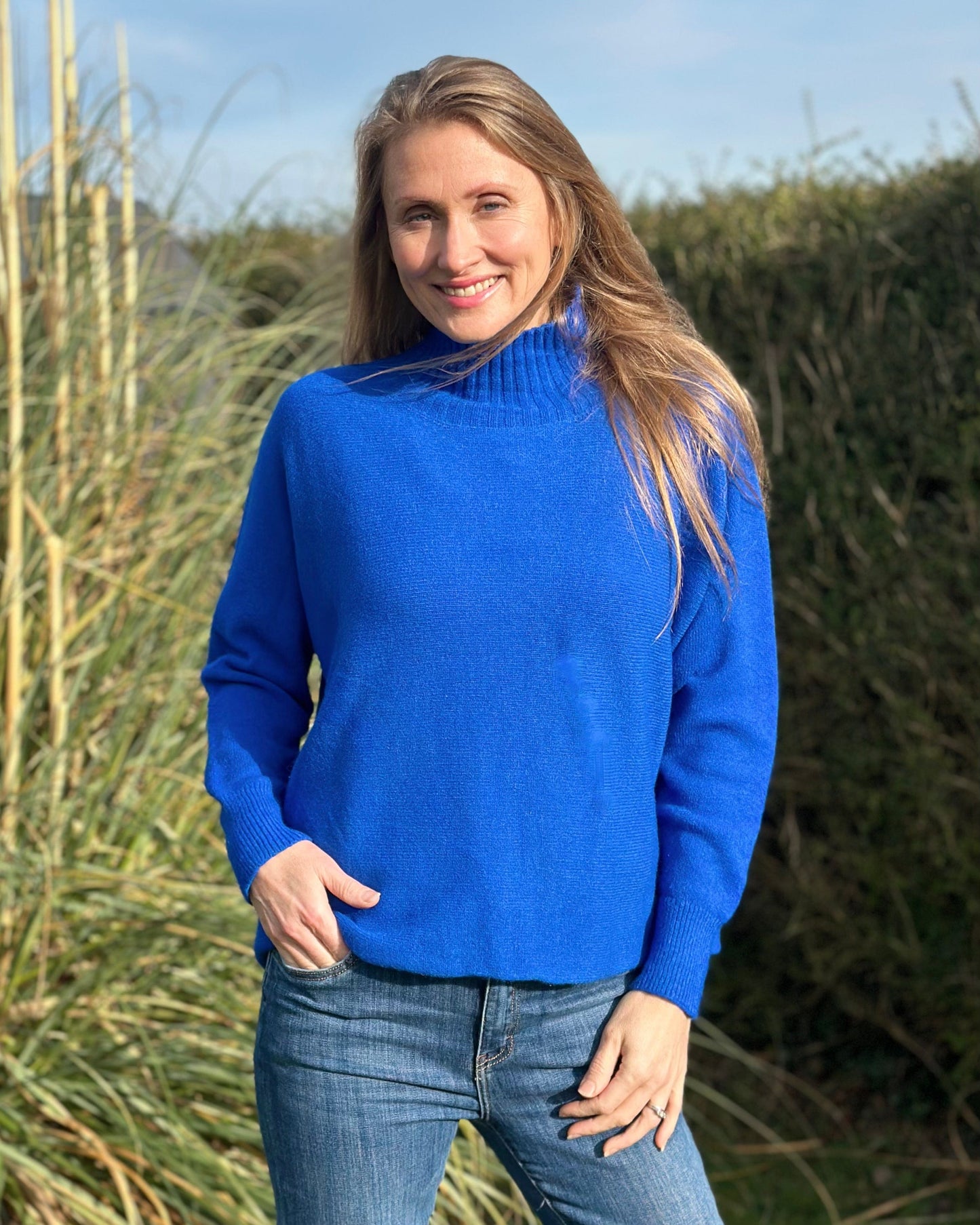 Clothing Funnel Neck Soft Knit Long Sleeve Jumper - Royal Blue