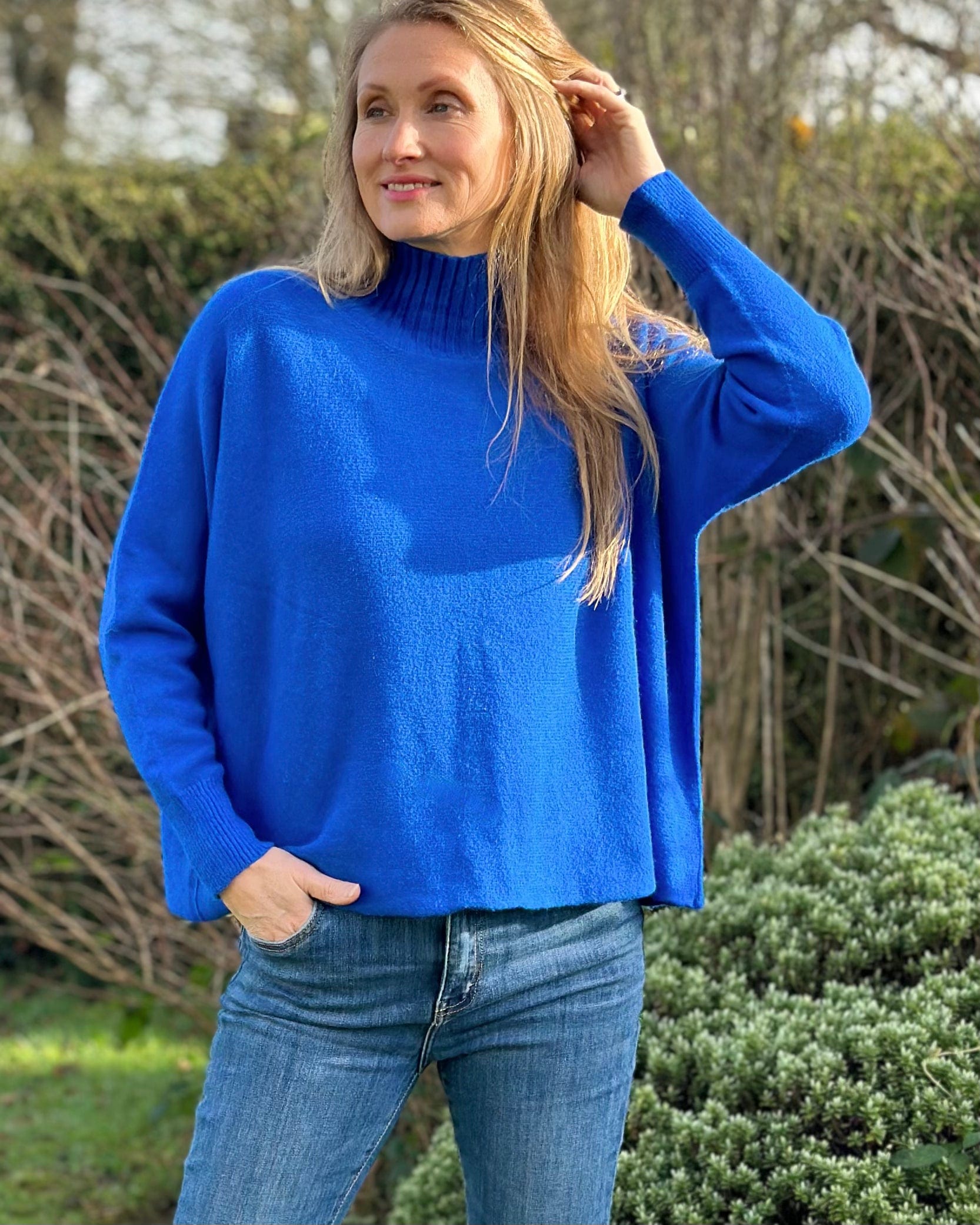 Clothing Funnel Neck Soft Knit Long Sleeve Jumper - Royal Blue